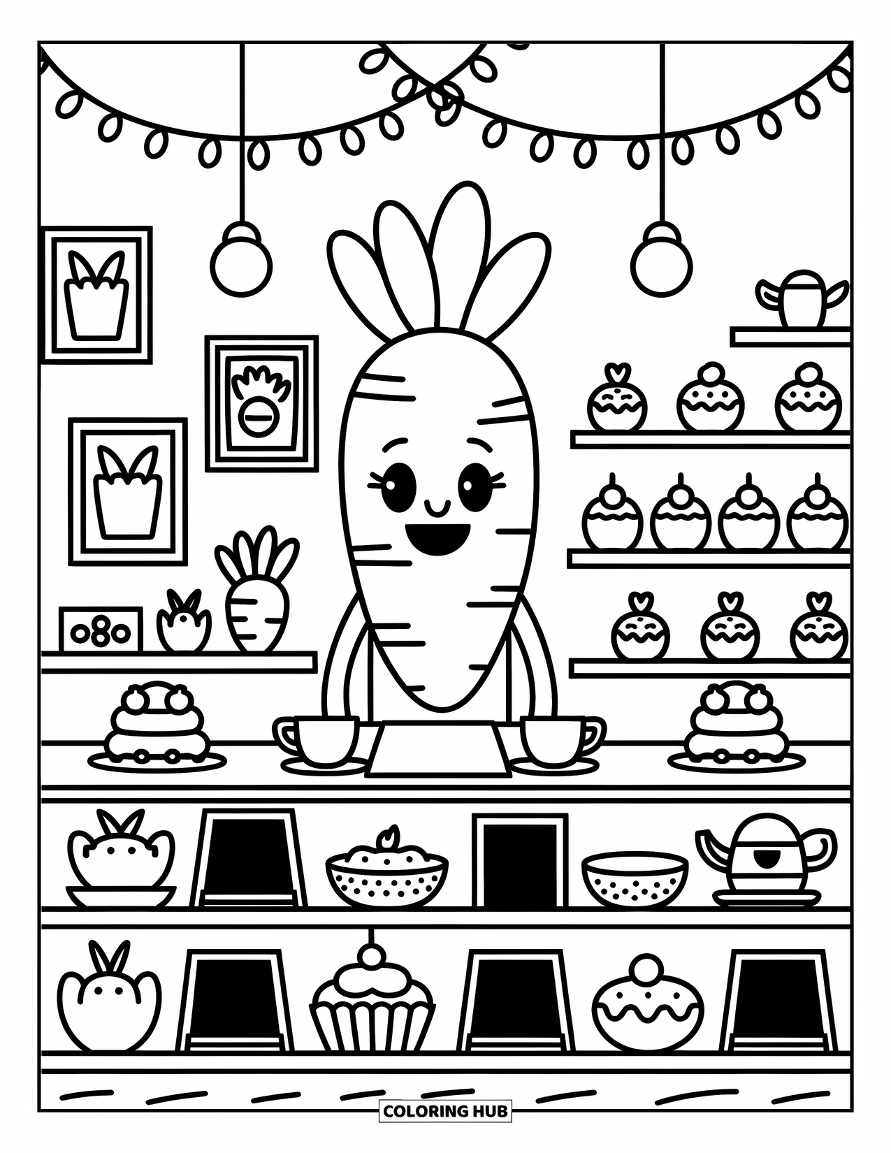 Carrot Coloring Page for Adults: A happy carrot runs a cafÈ with chalkboard menus, sweets, and cute decorations