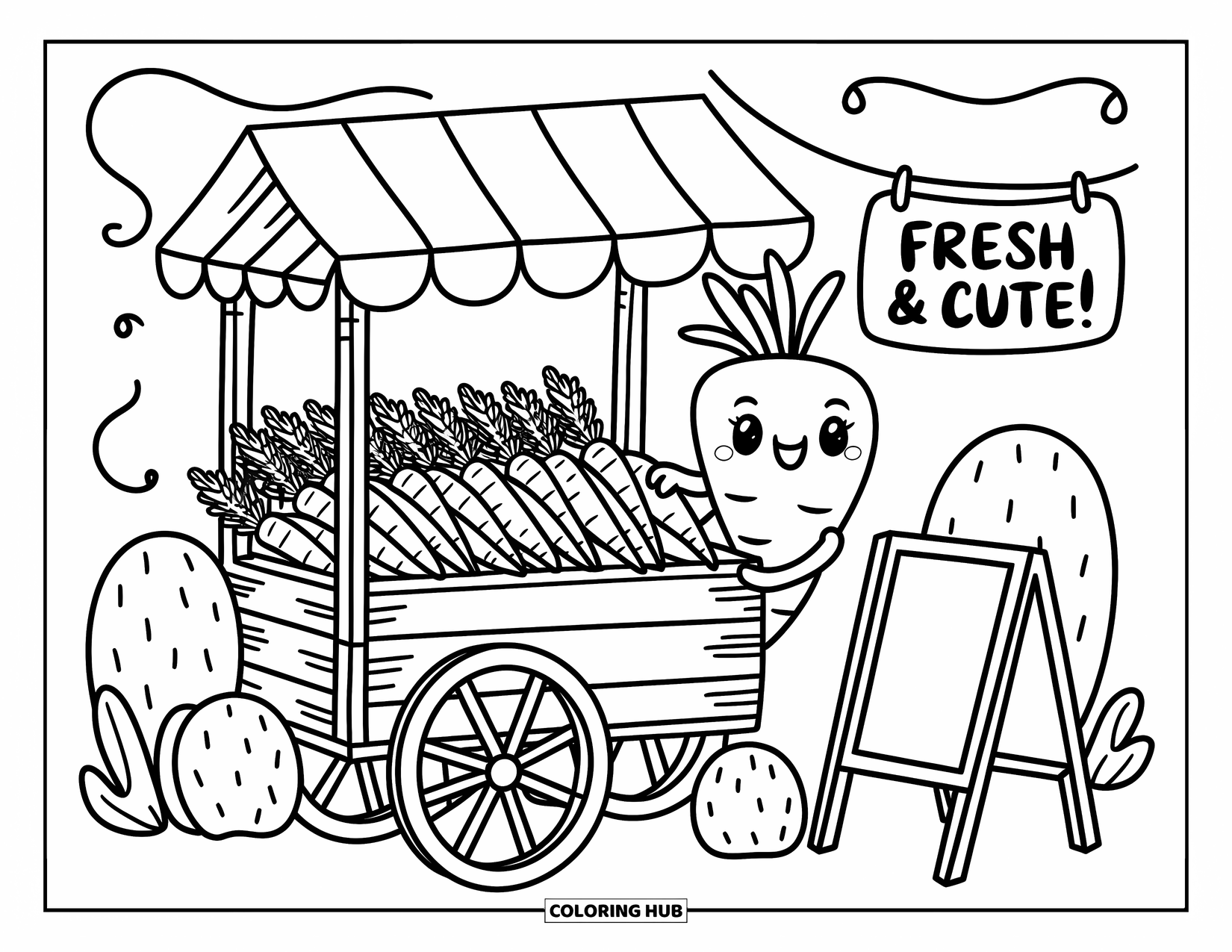 Carrot Coloring Page for Adults: A smiling carrot runs a cozy market cart full of fresh carrots and cute signs