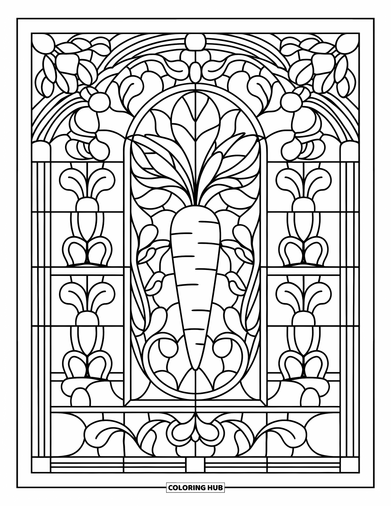 Carrot Coloring Page for Adults: A stained glass window shows a carrot framed by swirling vines