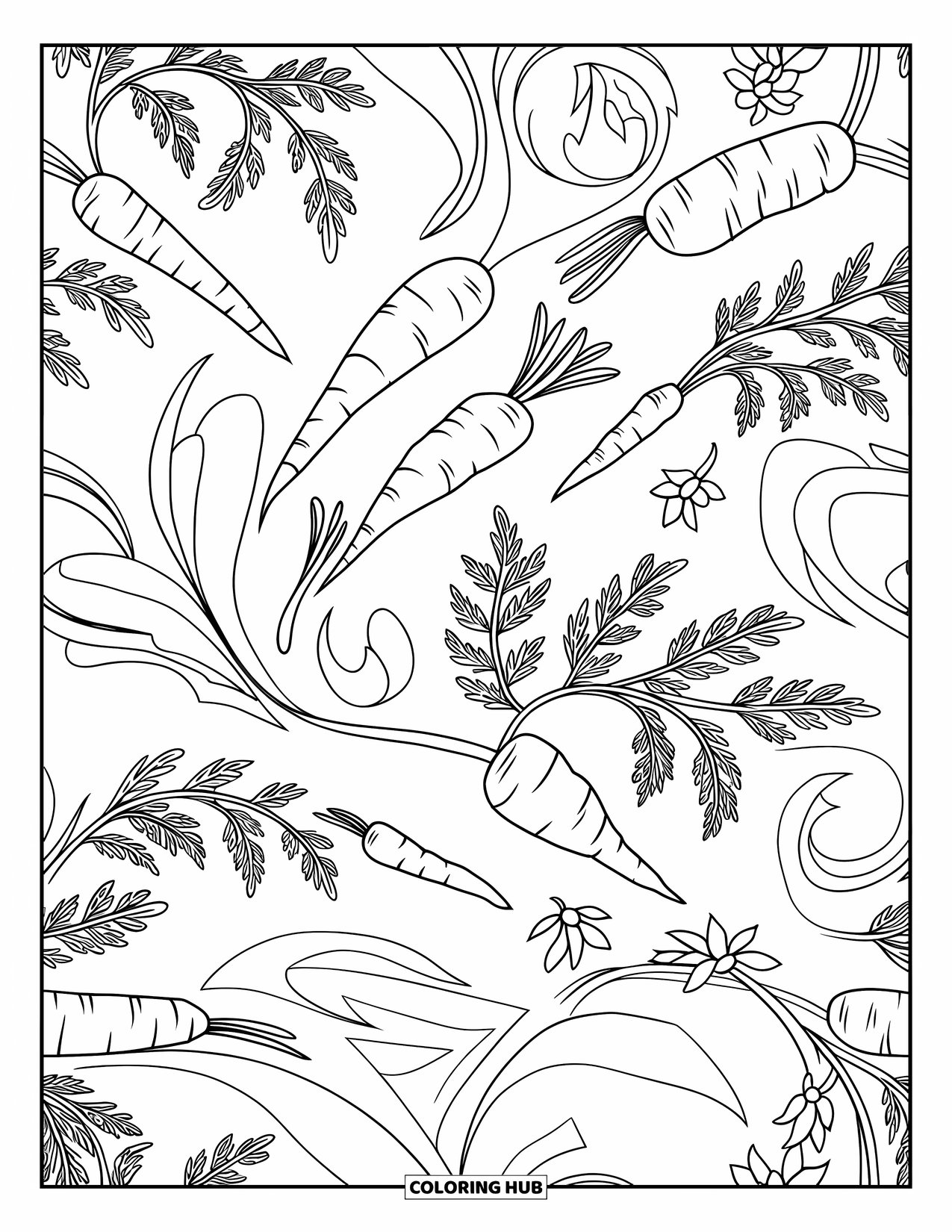 Carrot Coloring Page for Adults: Carrots and blossoms twist together in an intricate circular pattern