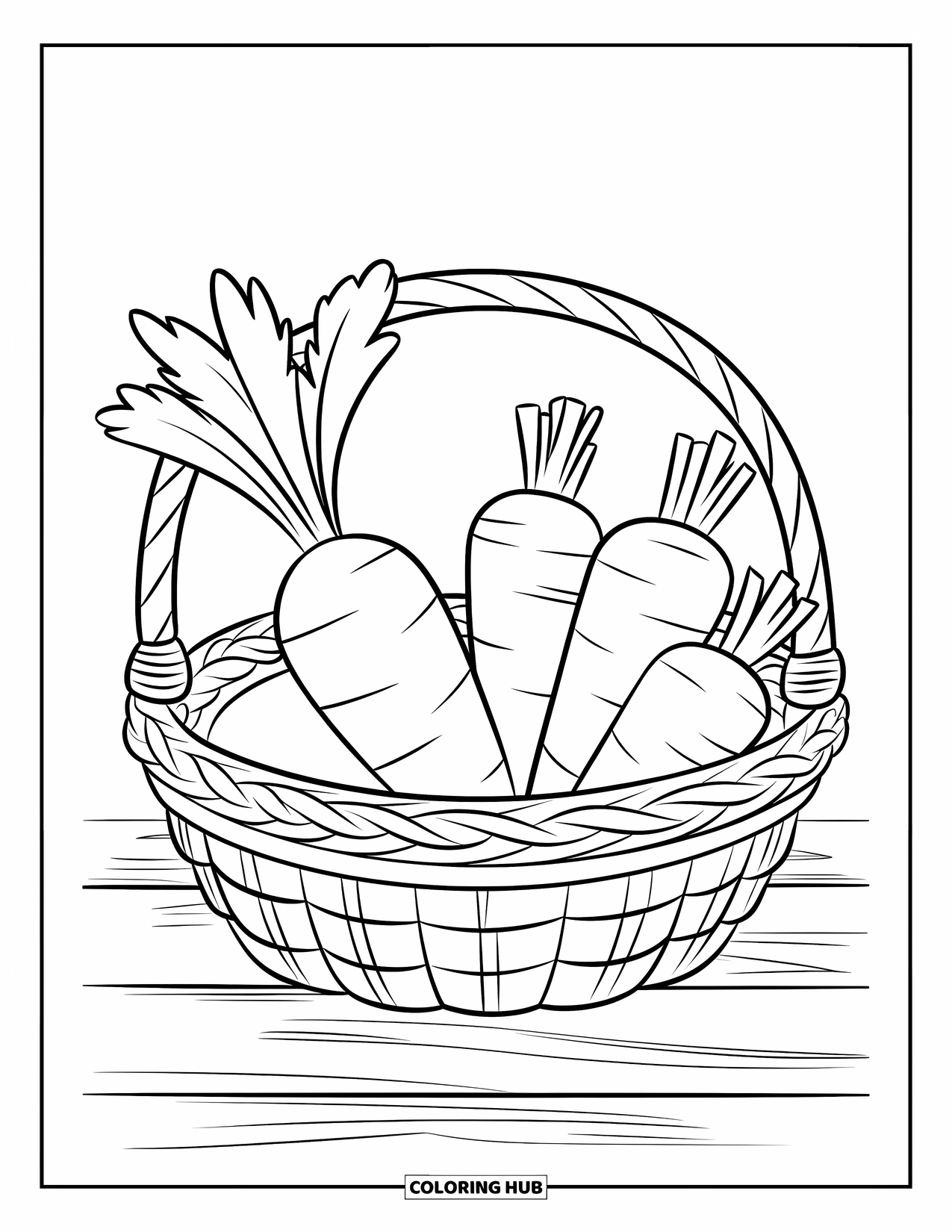 Carrot Coloring Page for Kids: A basket on a wooden surface holds a carrot and three more inside