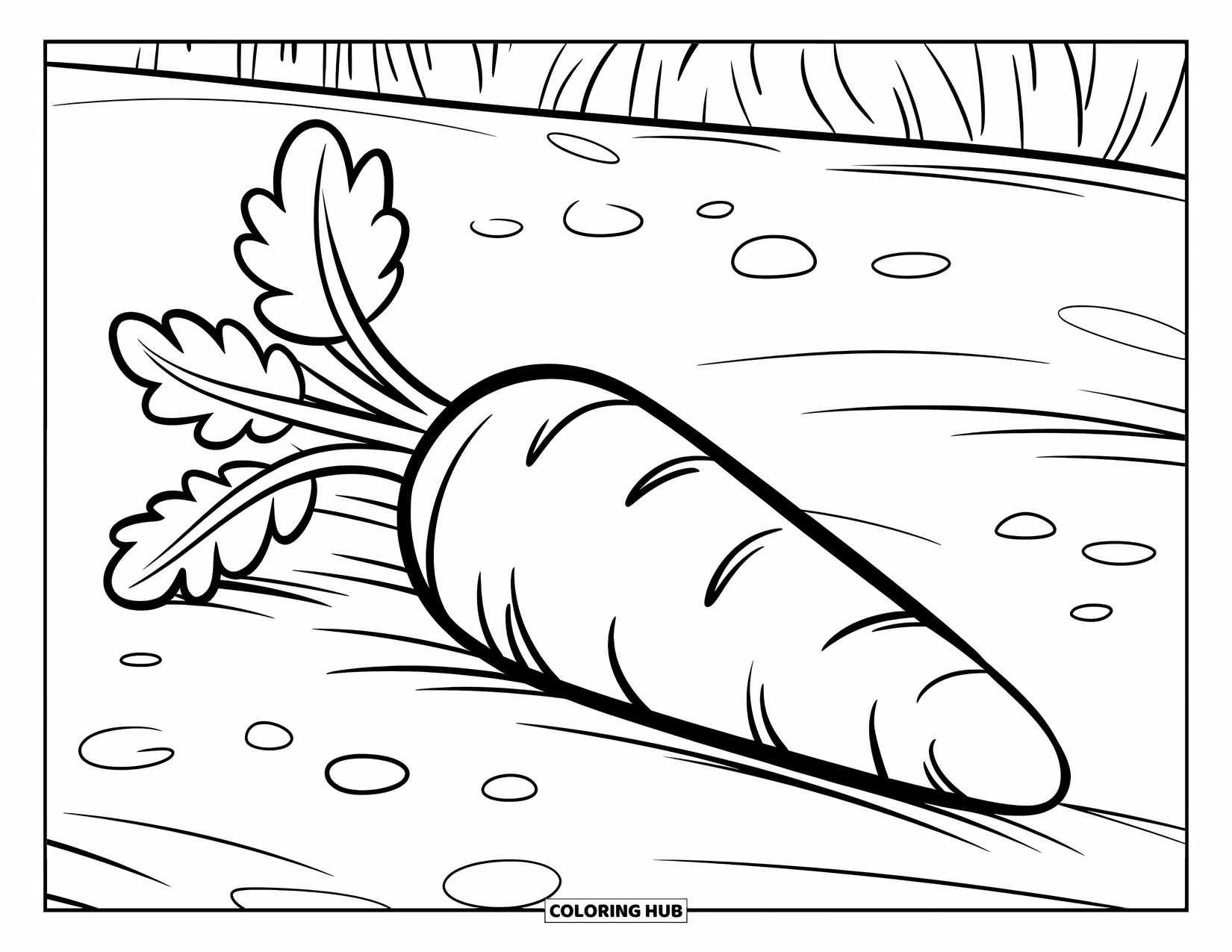 Carrot Coloring Page for Kids: A big carrot with leaves lies on bumpy soil, ready to be colored