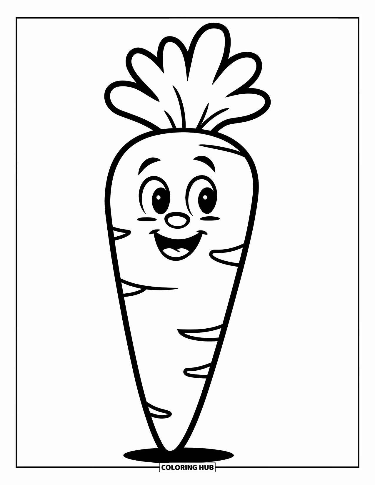 Carrot Coloring Page for Kids: A big smiling carrot stands tall on the ground