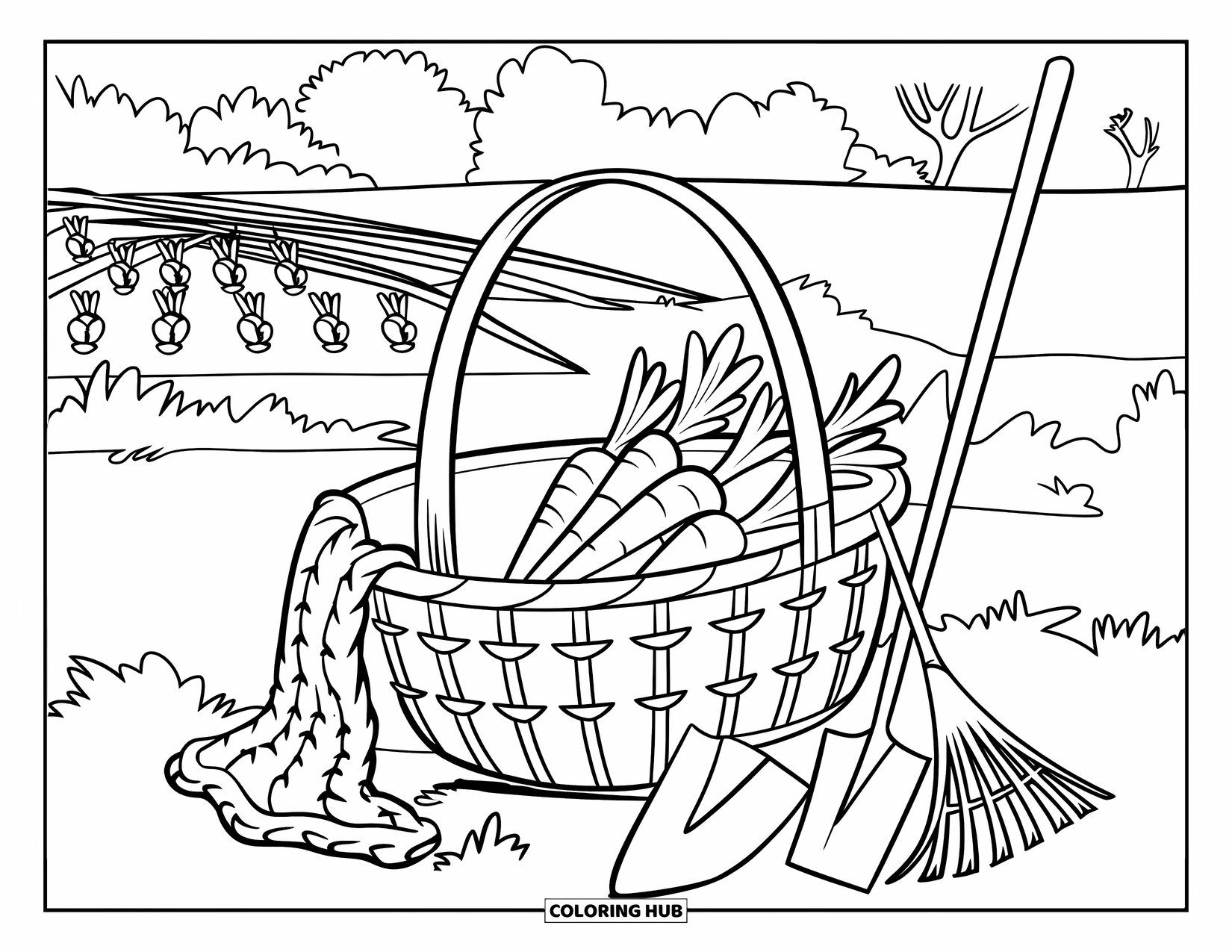 Carrot Coloring Page for Kids: A carrot basket with tools sits in a farm setting with trees and crops