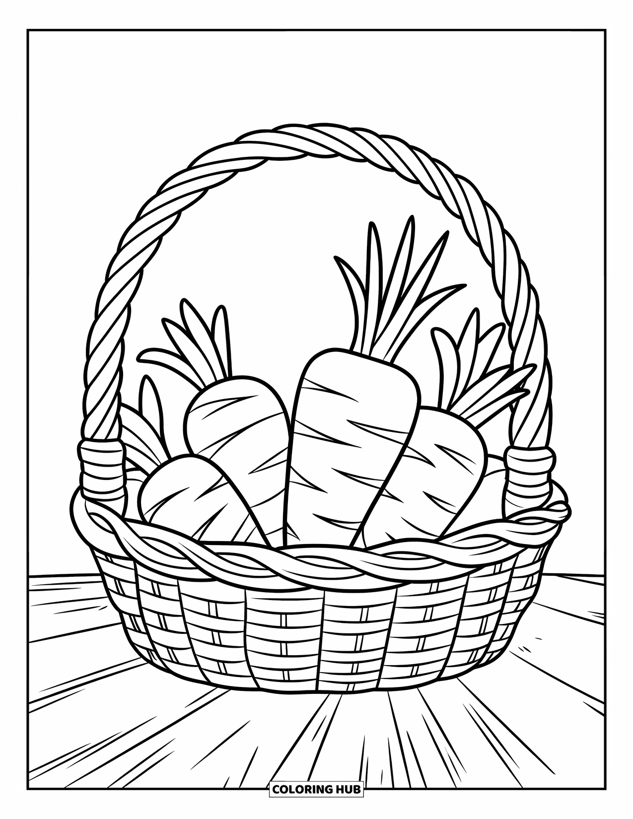 Carrot Coloring Page for Kids: A carrot-filled basket sits on a table ready to be colored