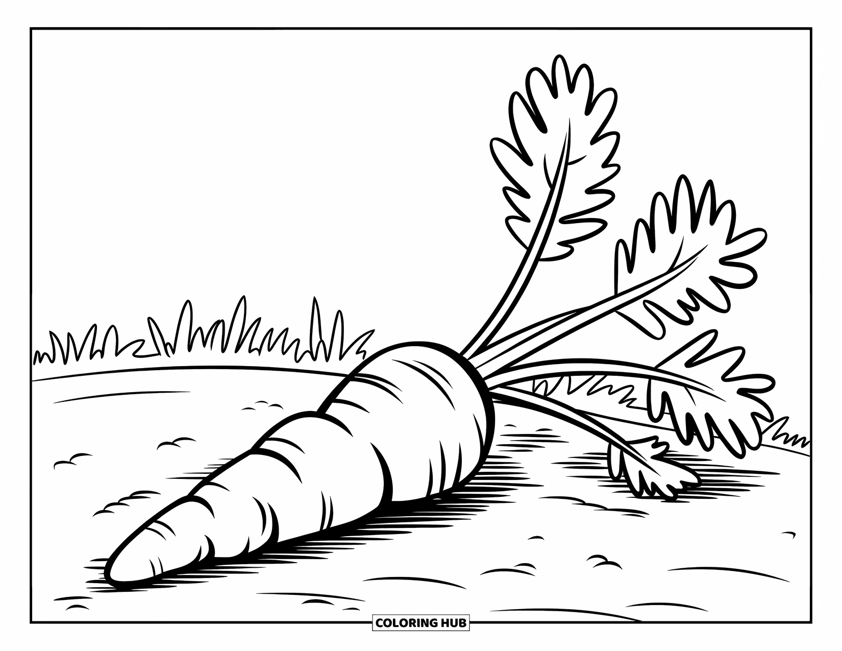 Carrot Coloring Page for Kids: A carrot lies on the soil with its leafy top above ground