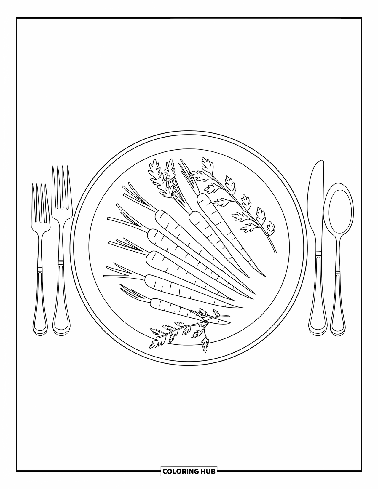Carrot Coloring Page for Kids: A dinner plate is filled with roasted carrots, herbs, and fancy utensils