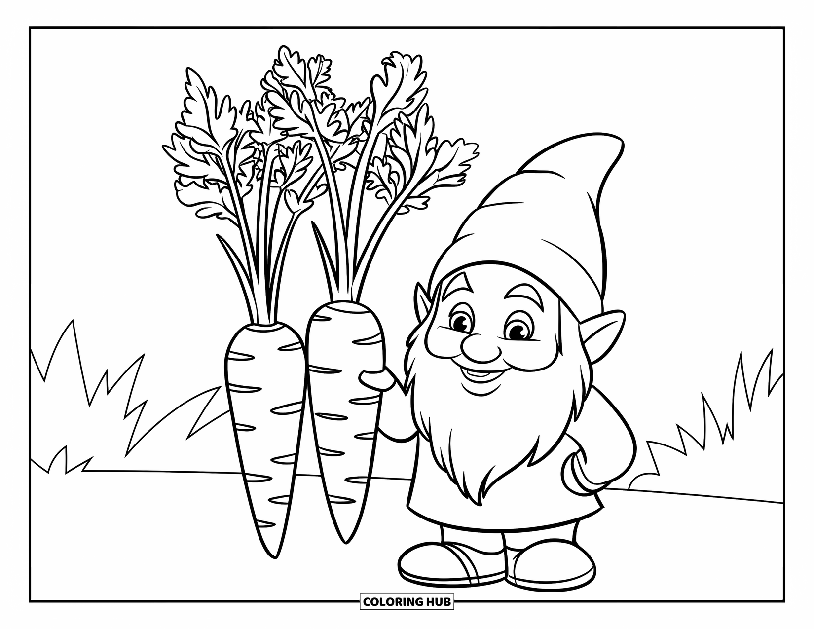 Carrot Coloring Page for Kids: A garden gnome stands by a tall carrot plant with a big smile