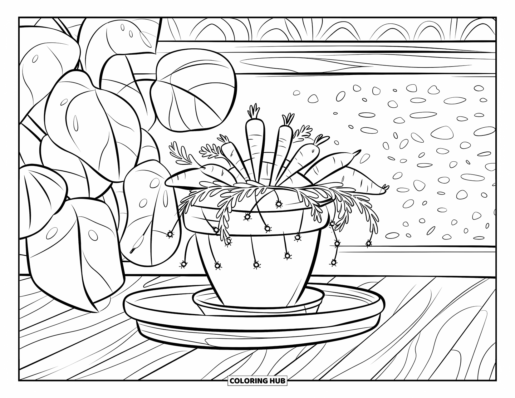 Carrot Coloring Page for Kids: A pot of carrots sits on a shelf with leafy plants and a patterned wall