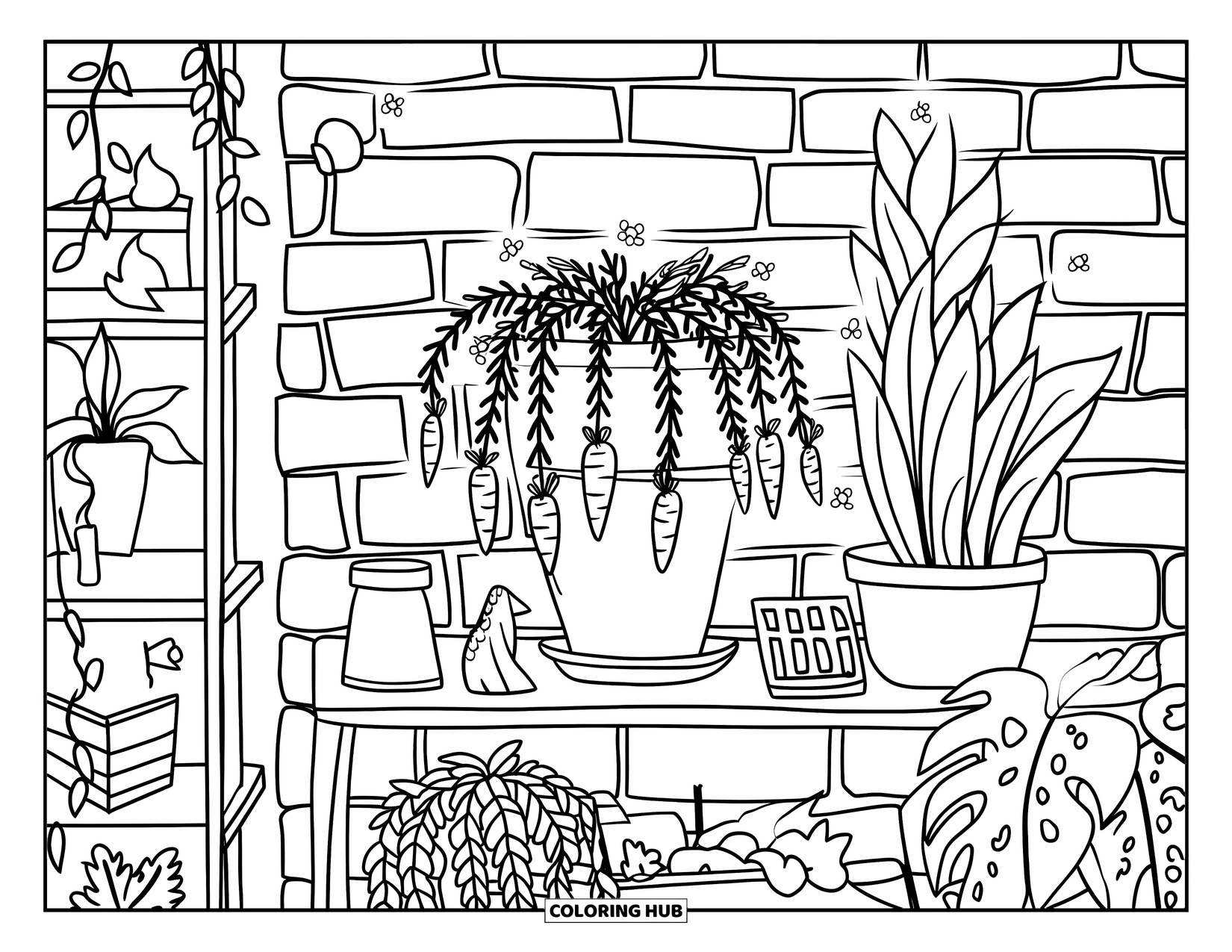 Carrot Coloring Page for Kids: A rustic shelf holds carrots, leafy plants, and cute decor by a brick wall