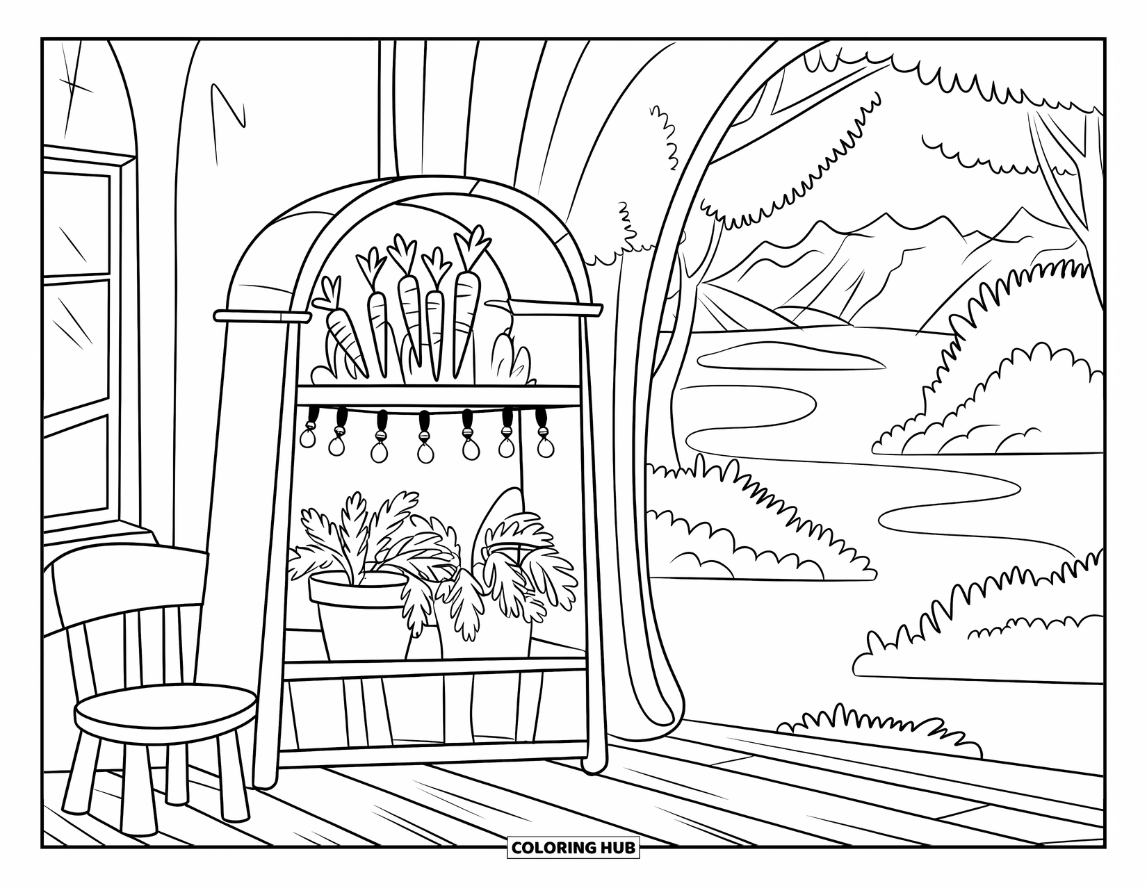 Carrot Coloring Page for Kids: A shelf holds a pot of carrots and twinkly lights by a window