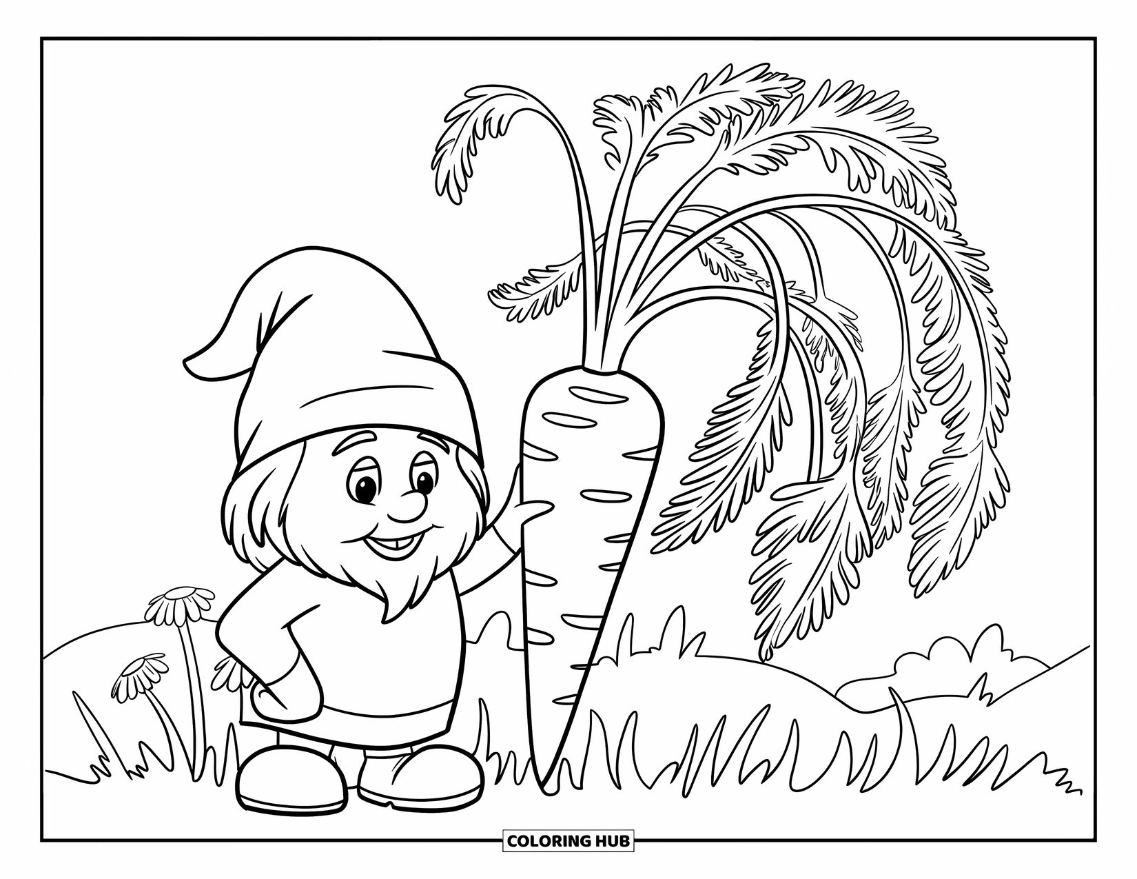 Carrot Coloring Page for Kids: A smiling gnome stands beside a huge carrot plant in a field