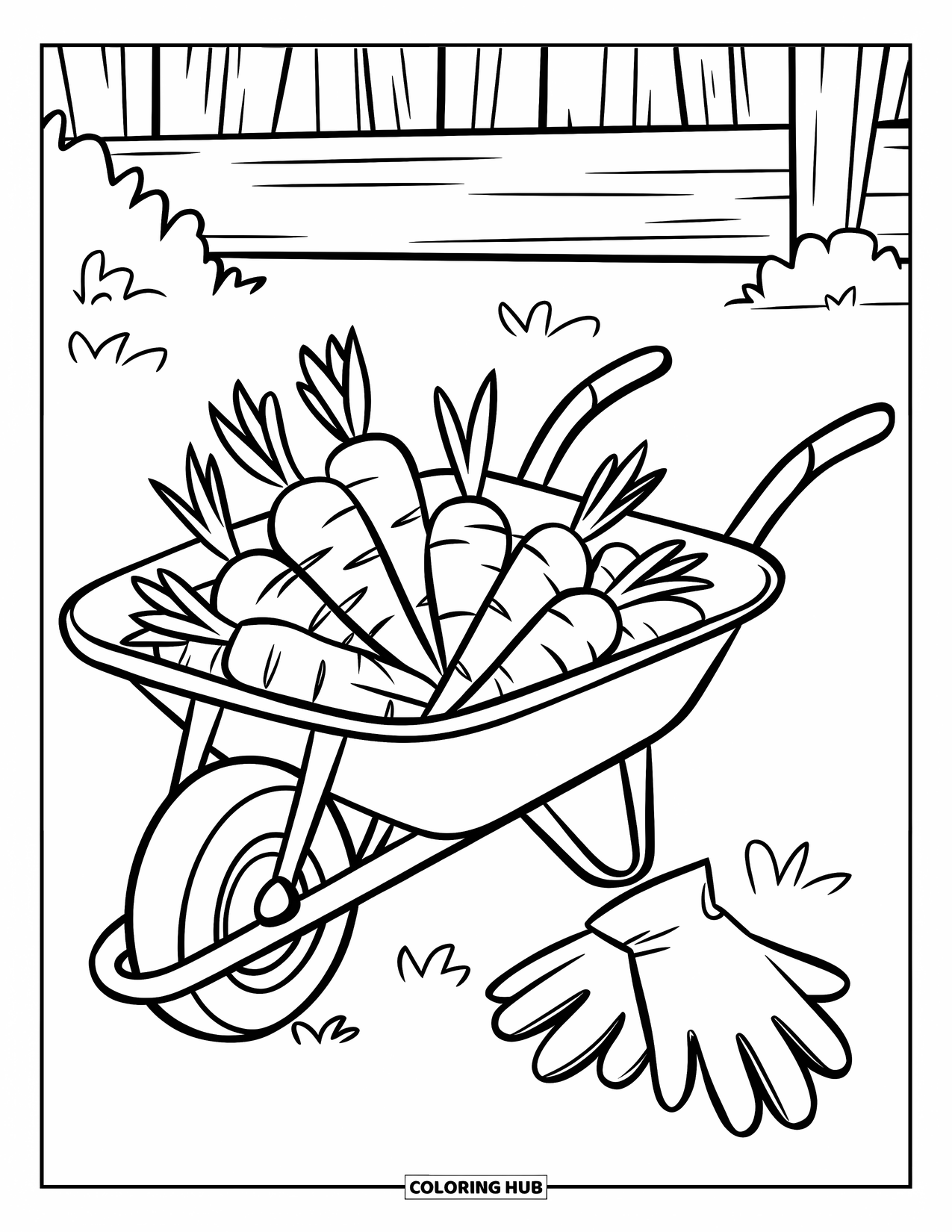 Carrot Coloring Page for Kids: A wheelbarrow full of carrots rests with gloves beside it