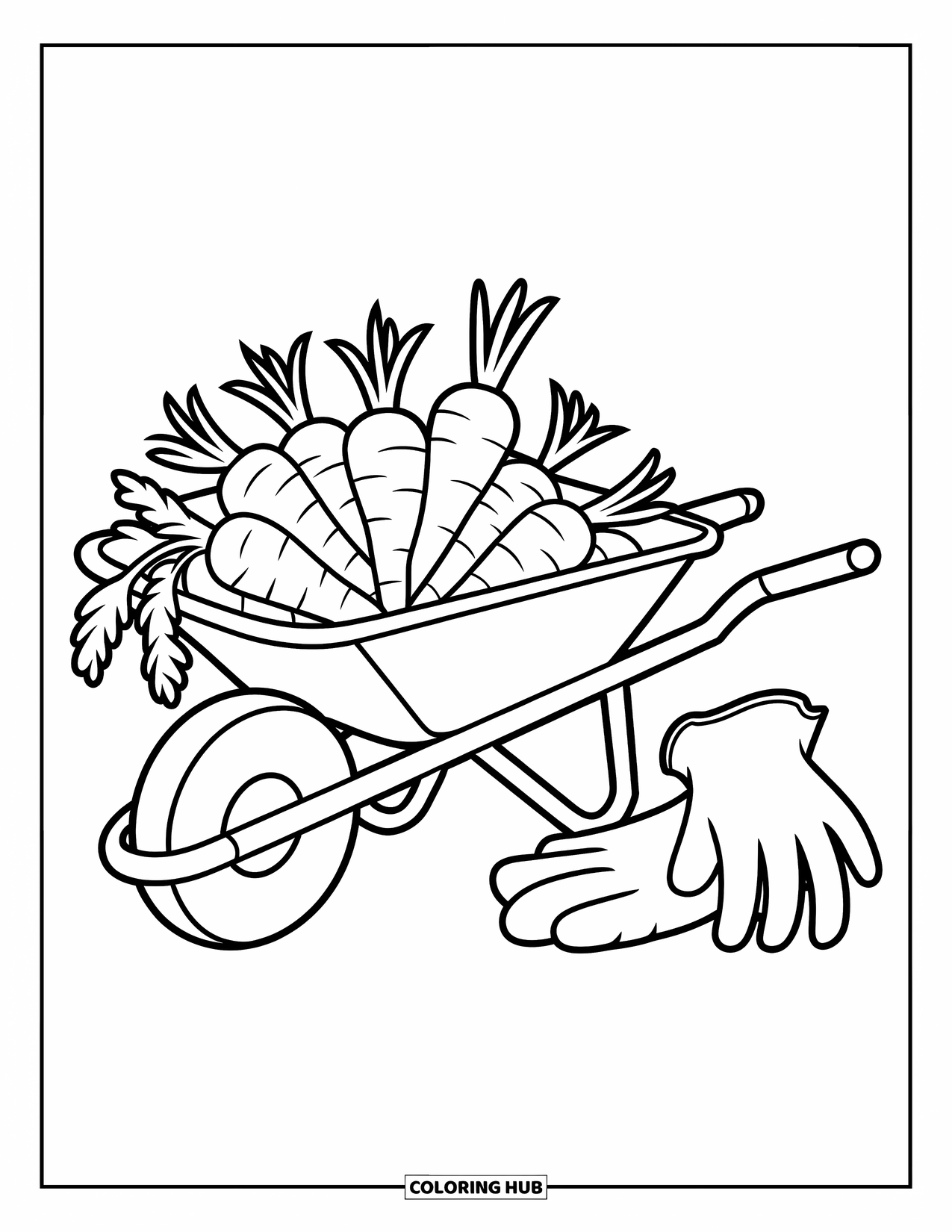 Carrot Coloring Page for Kids: A wheelbarrow packed with carrots sits beside a pair of gloves
