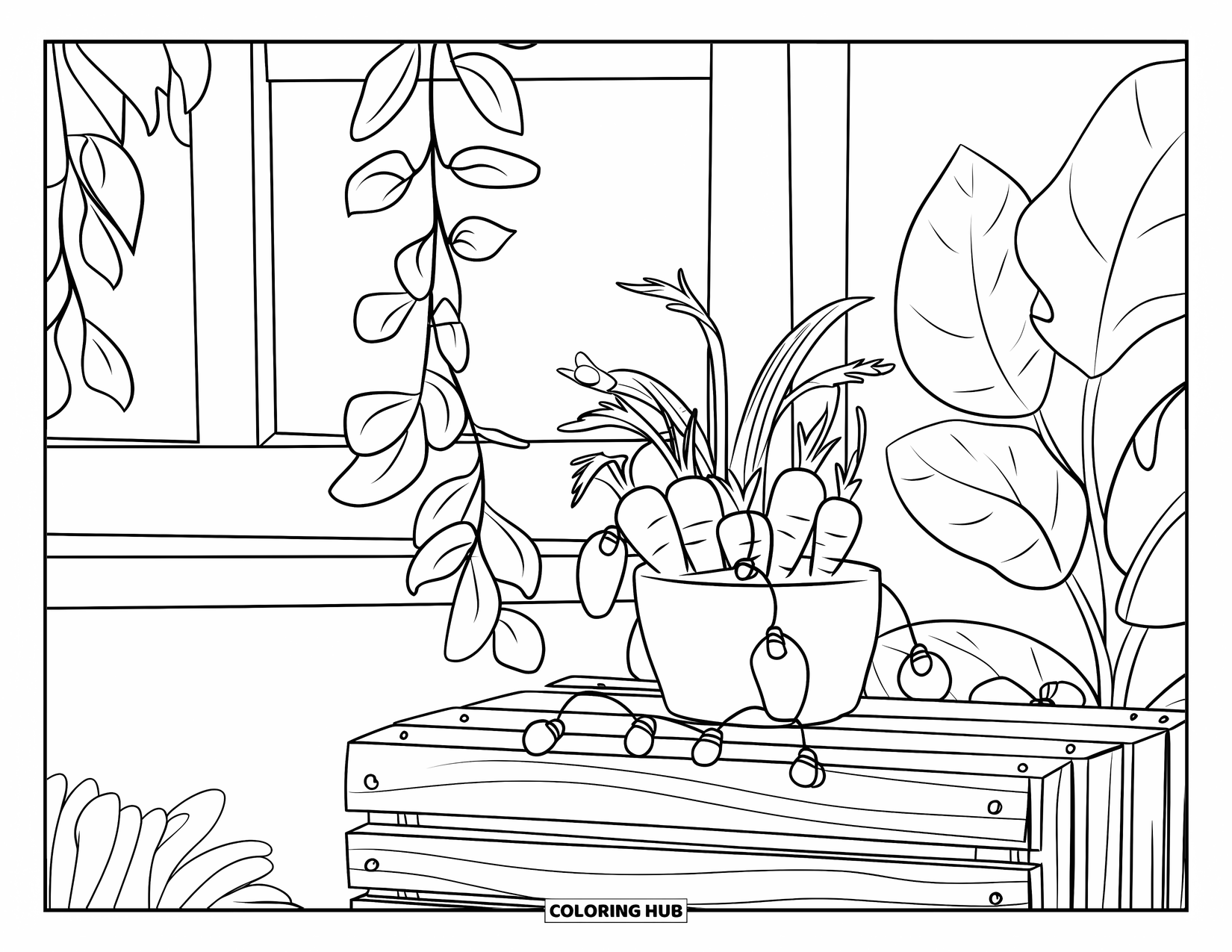 Carrot Coloring Page for Kids: Carrots in a pot glow with tiny lights on a cozy plant shelf