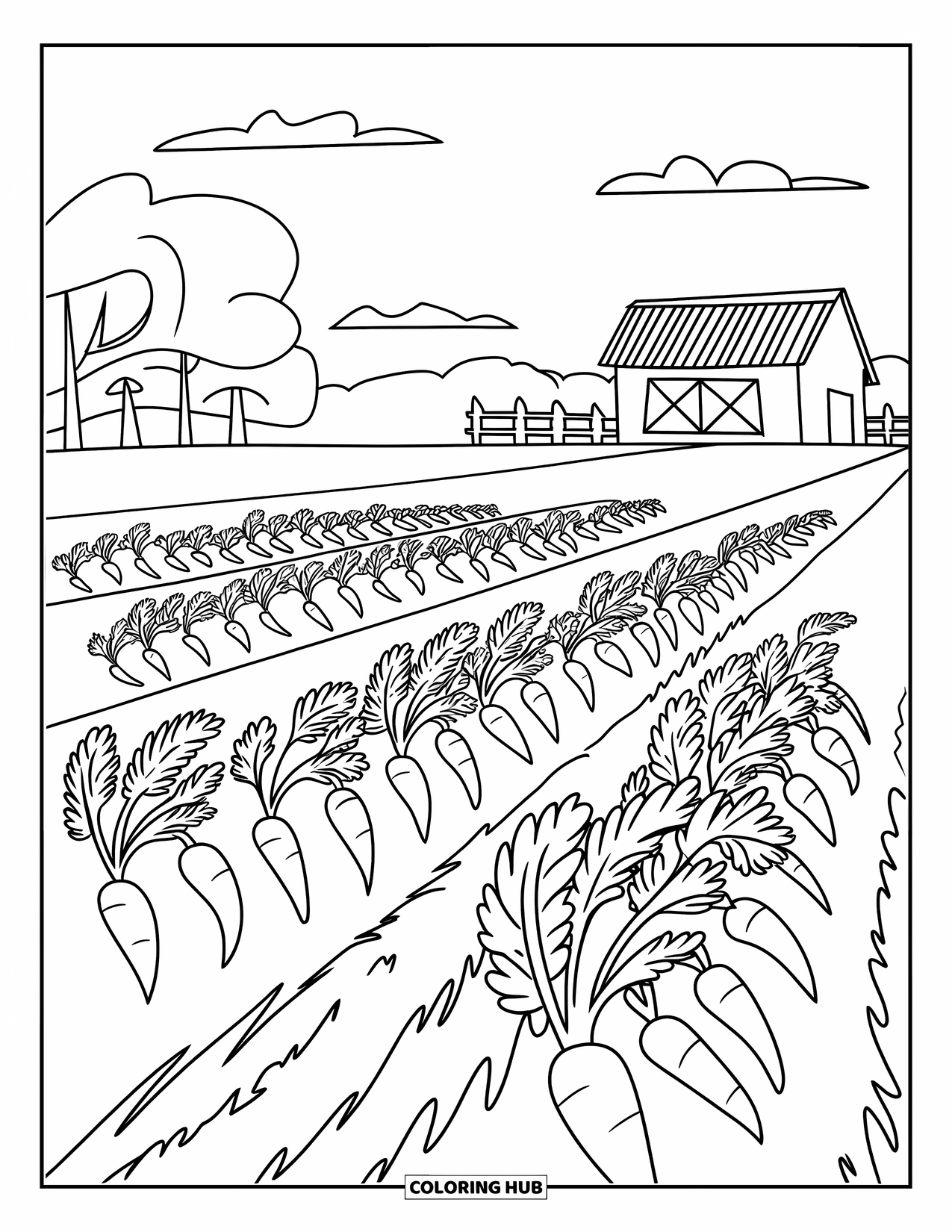Carrot Coloring Page for Kids: Neat carrot rows grow beside a red barn and a few scattered trees