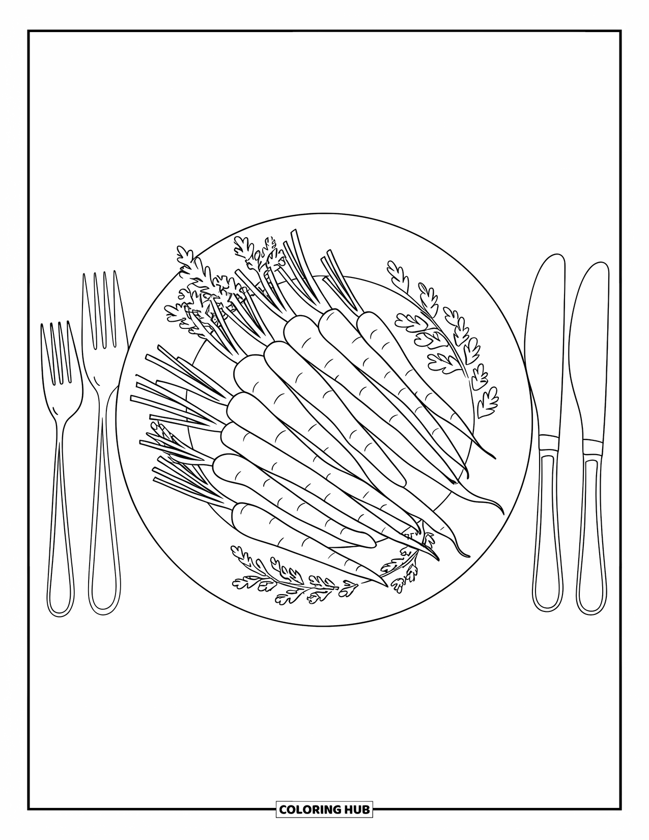 Carrot Coloring Page for Kids: Roasted carrots and herbs are served with elegant utensils on a white plate