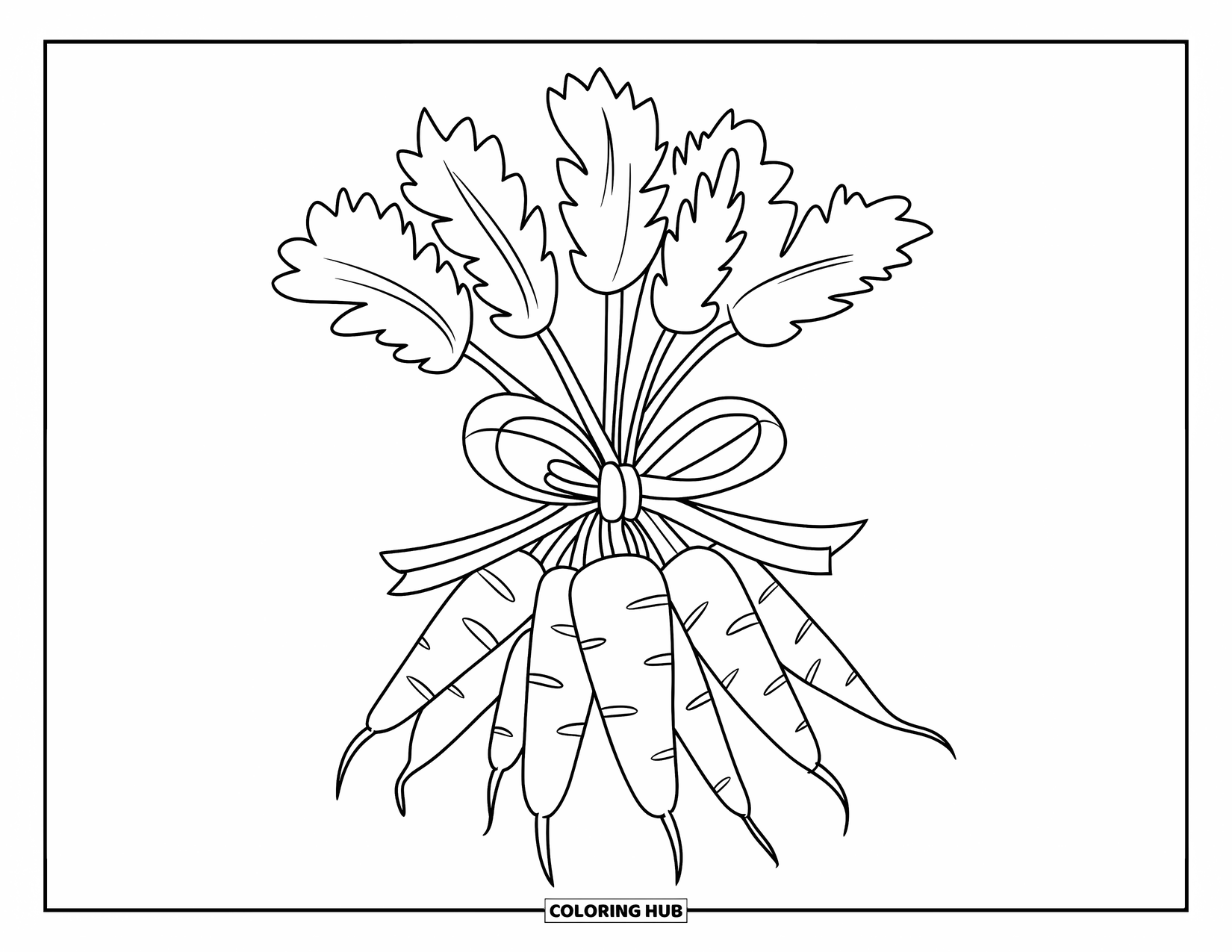 Carrot Coloring Page for Kids: Tied-together carrots with leafy tops sit on a blank background