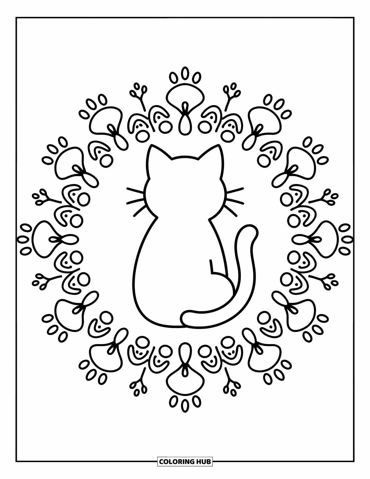 Cat Mandala Coloring Page for Adults: Back-view cat with a mandala of paws, ears, and bean toes