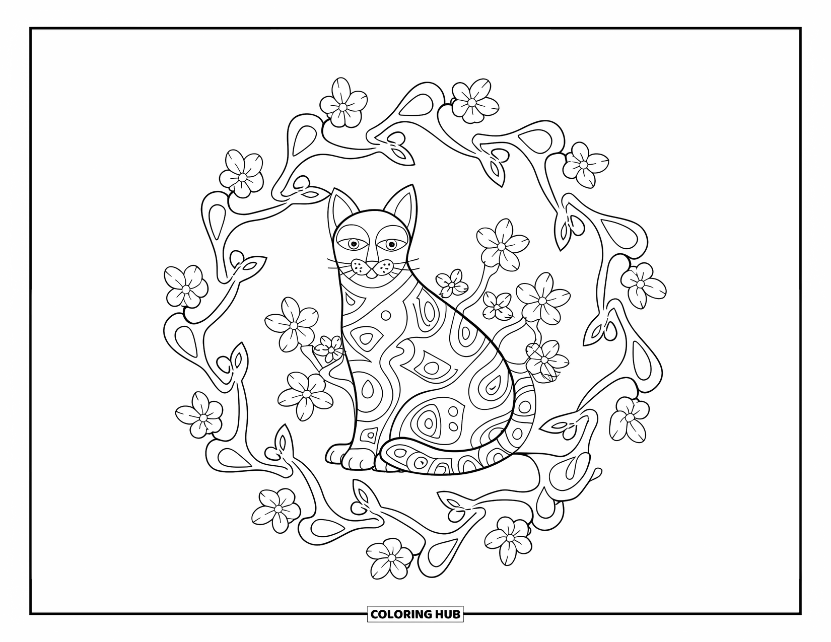 Cat Mandala Coloring Page for Adults: Cat among winding cherry blossoms with a clean, simple mandala border
