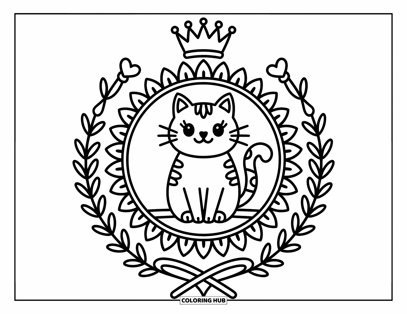 Cat Mandala Coloring Page for Adults: Cat on a circular throne surrounded by playful mandala layers and royal symbols