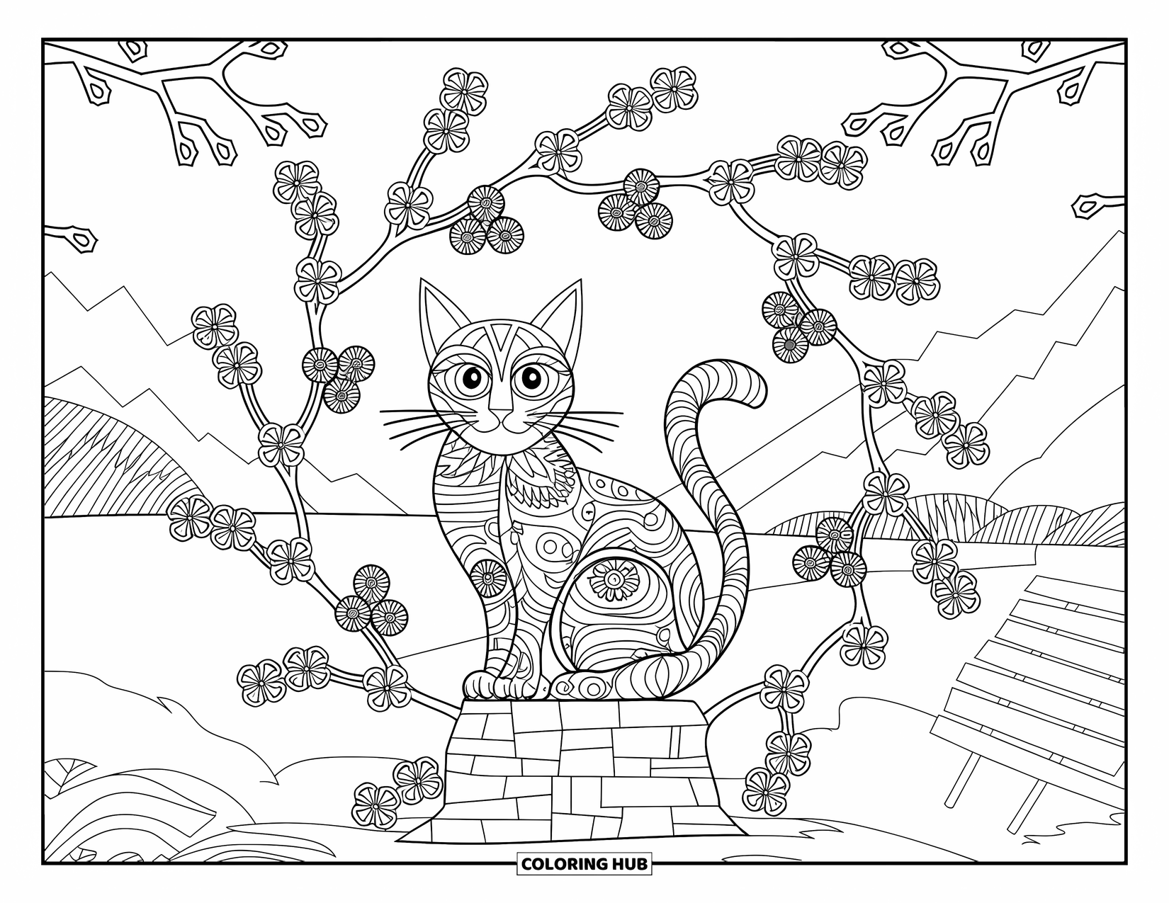 Cat Mandala Coloring Page for Adults: Cat on a stone base surrounded by cherry blossoms, bridge, and mandala frame