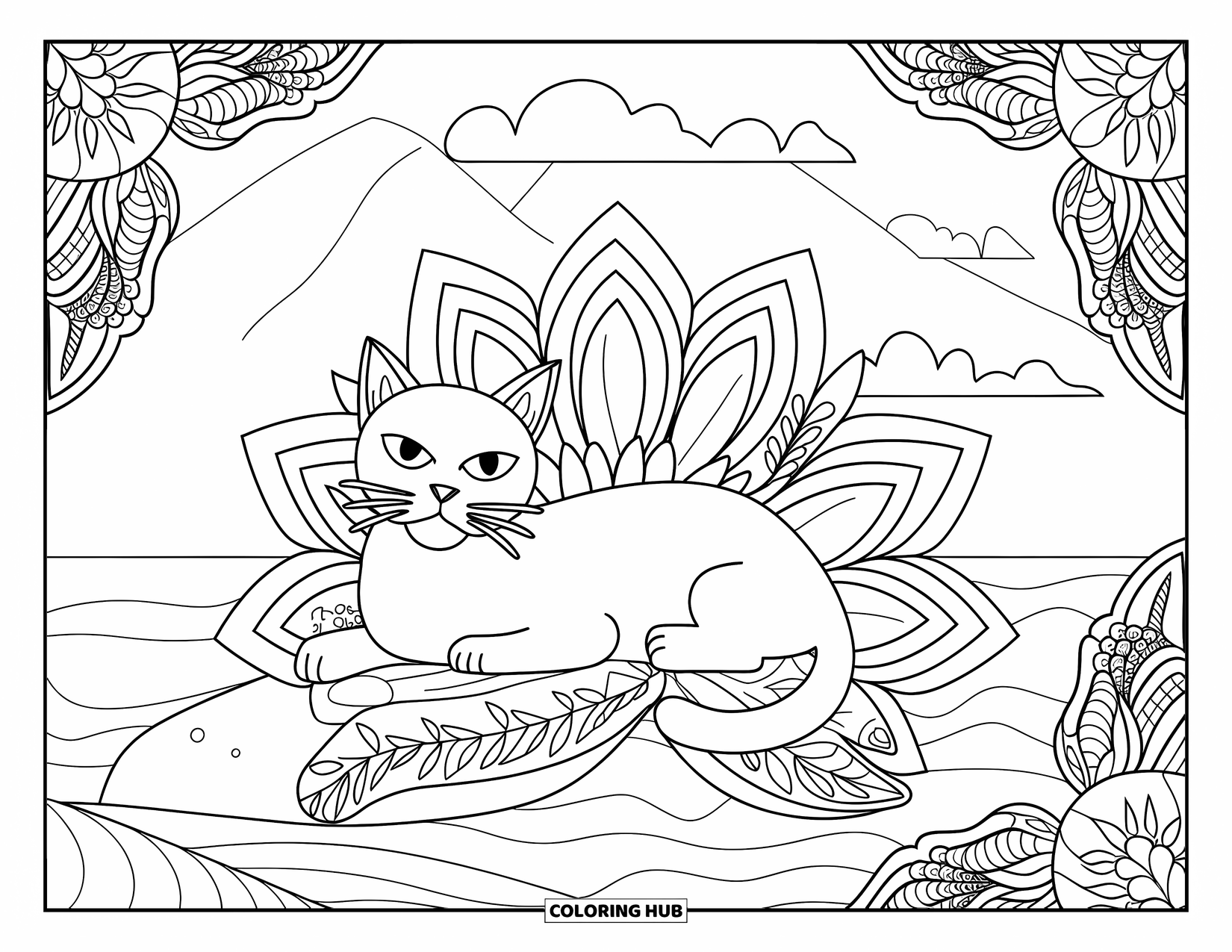 Cat Mandala Coloring Page for Adults: Cat relaxing on a rock near water, framed by mandalas and scenic mountains