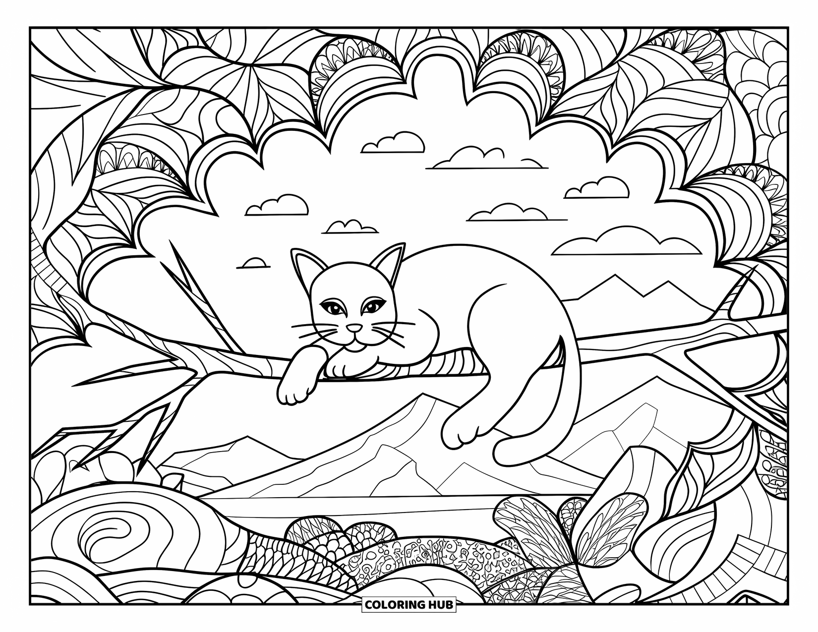 Cat Mandala Coloring Page for Adults: Cat resting on a branch with floral mandalas and a serene mountain background