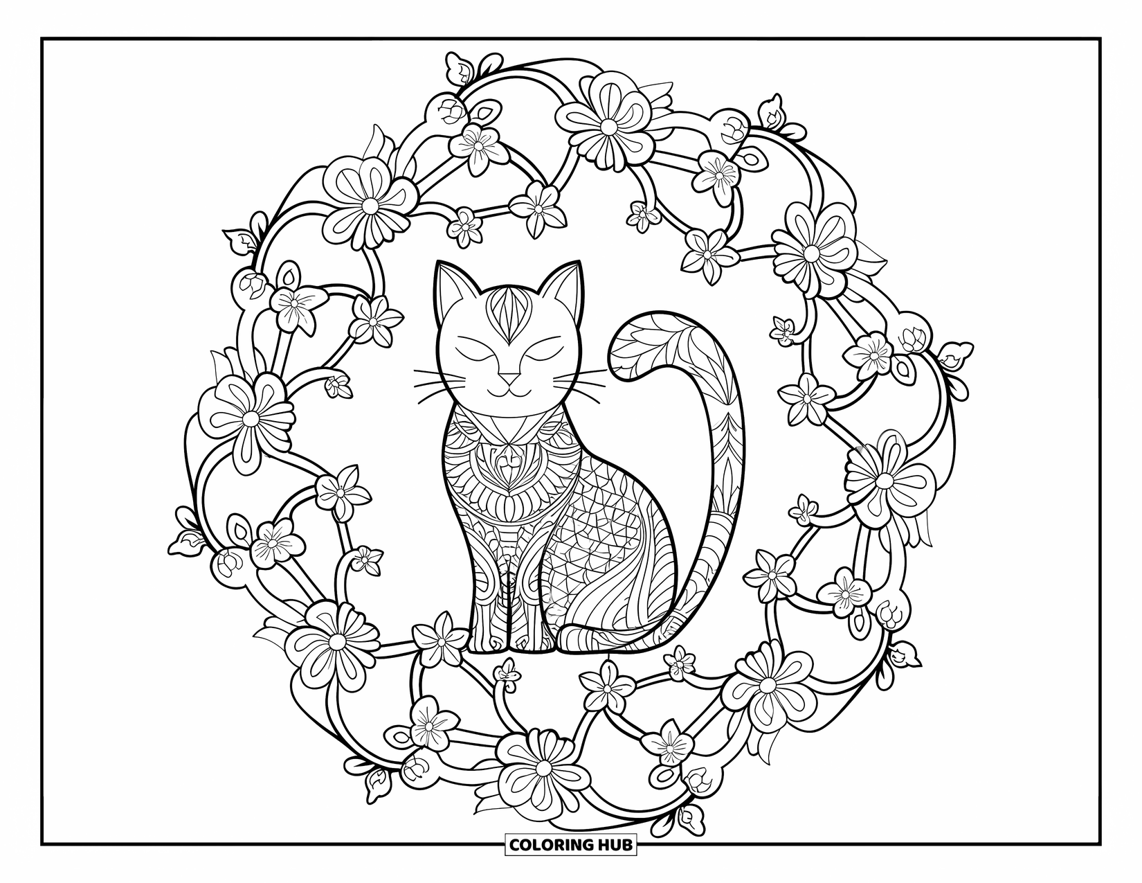 Cat Mandala Coloring Page for Adults: Cat sitting on stone, surrounded by cherry blossom mandalas for a relaxing experience
