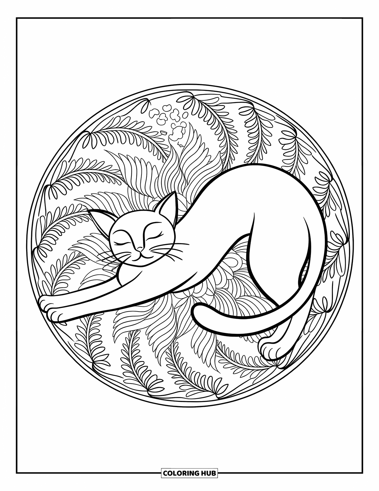 Cat Mandala Coloring Page for Adults: Cat with eyes closed, stretching in a leafy mandala of ivy and fern