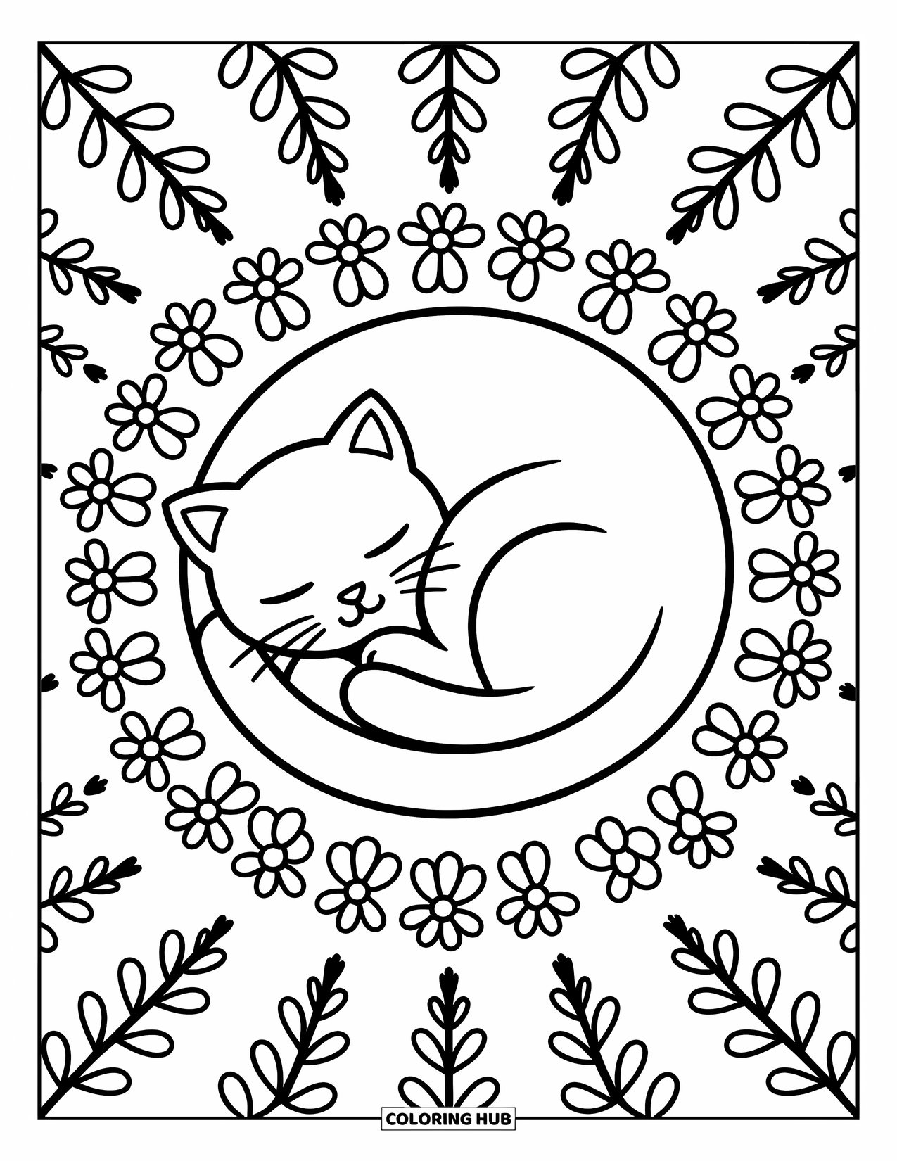 Cat Mandala Coloring Page for Adults: Cozy spiral cat in a layered mandala of flowers and leaves