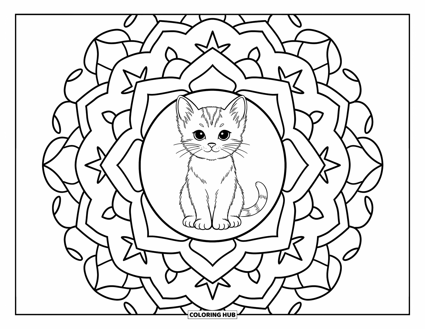 Cat Mandala Coloring Page for Adults: Curious kitten in a mandala with playful patterns and soft shapes
