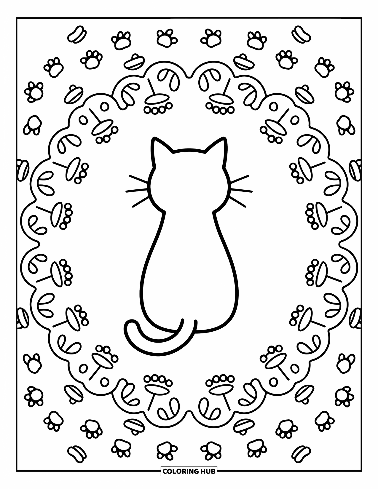 Cat Mandala Coloring Page for Adults: Curled-tailed cat sits at the center of a paw-print and ear-filled mandala