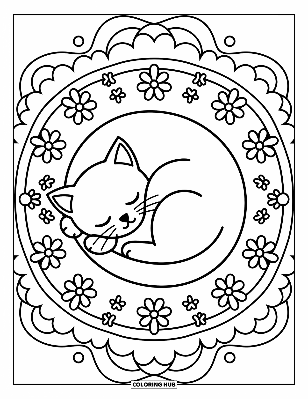 Cat Mandala Coloring Page for Adults: Curled-up cat rests at the center of a peaceful floral and paw mandala