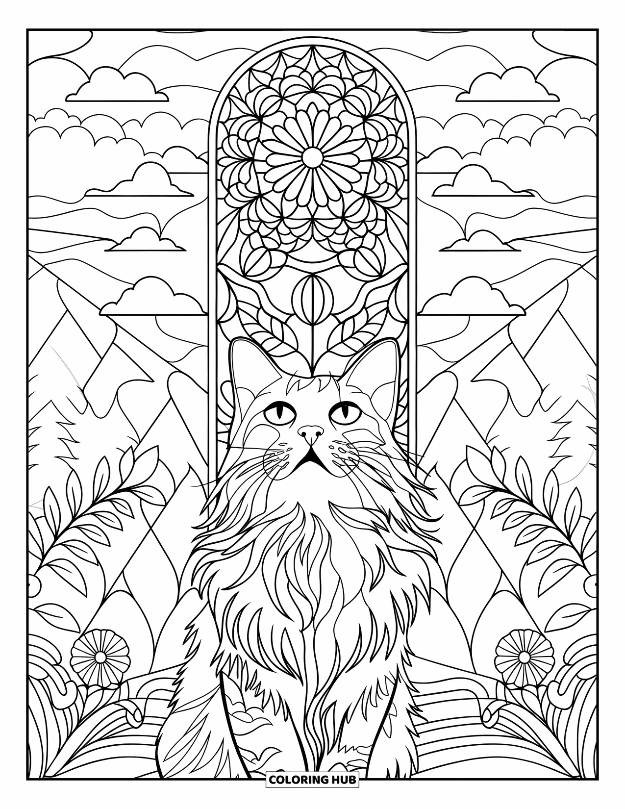 Cat Mandala Coloring Page for Adults: Gazing cat with floral mandala window and mountain landscape behind