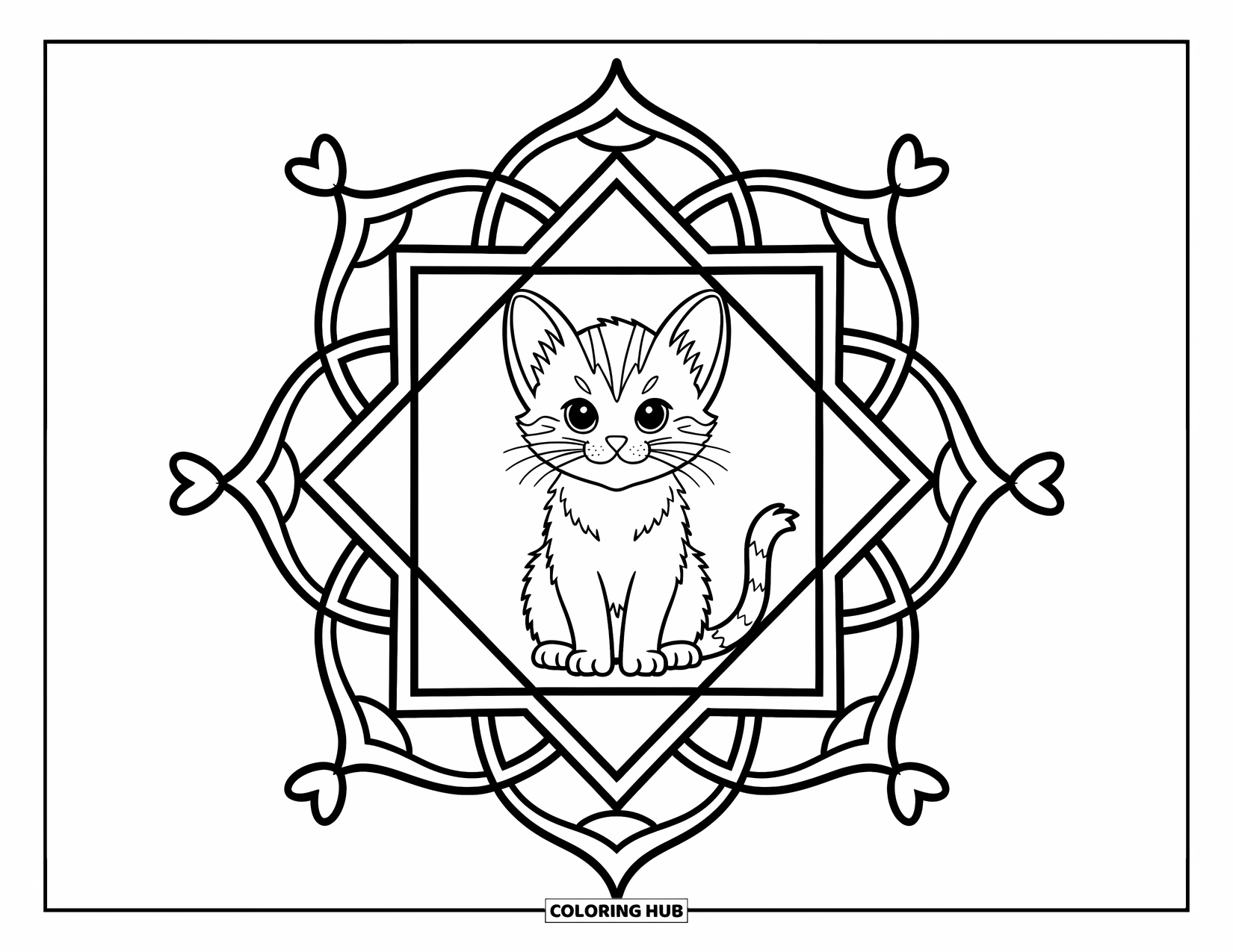 Cat Mandala Coloring Page for Adults: Kitten in a rosette mandala made of triangles, stars, and cat features