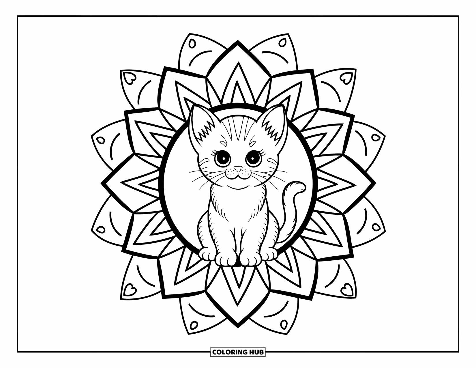 Cat Mandala Coloring Page for Adults: Kitten with wide eyes sits in a triangle and diamond-filled mandala rosette