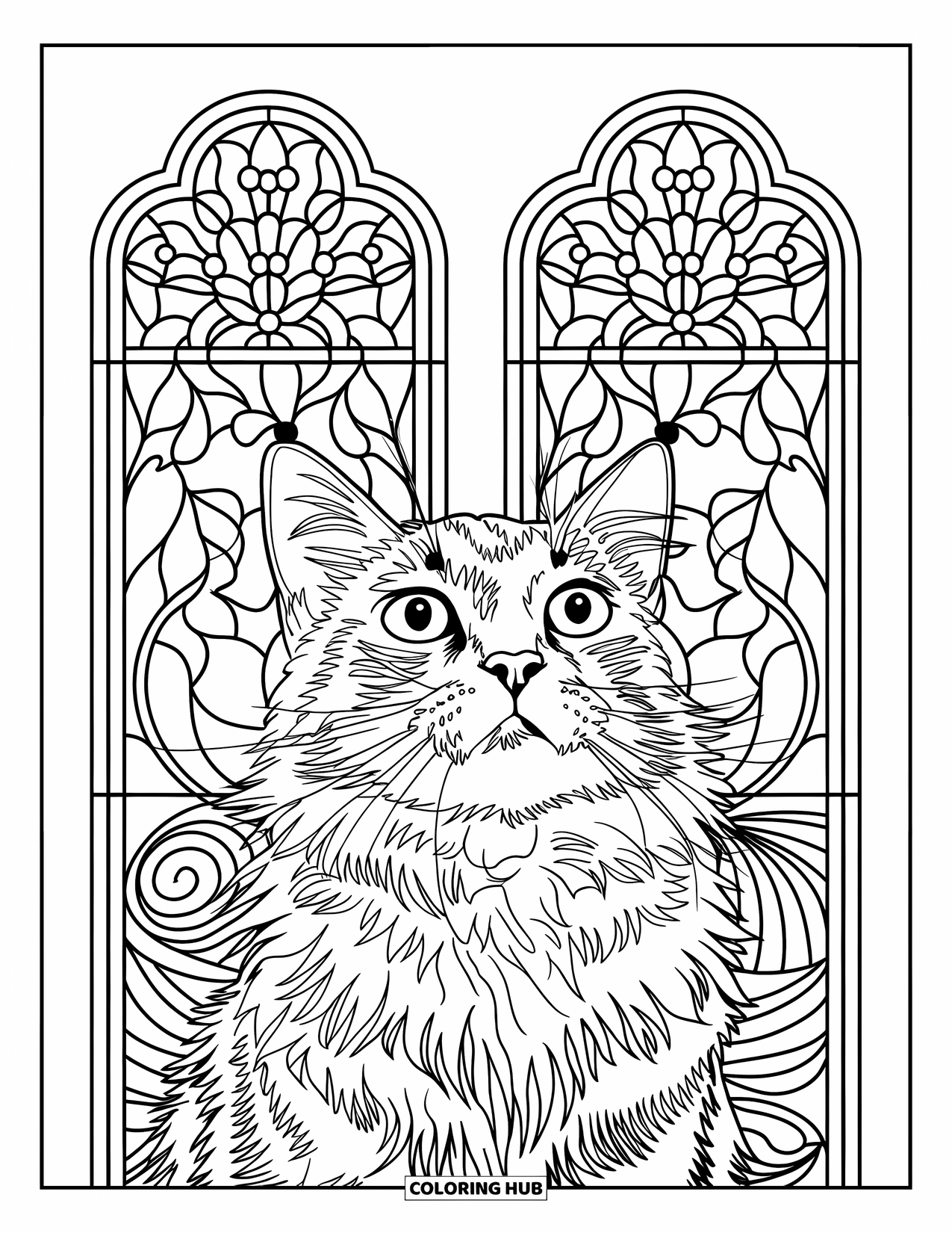 Cat Mandala Coloring Page for Adults: Long-haired cat gazing upward with stained glass-style floral mandala window behind