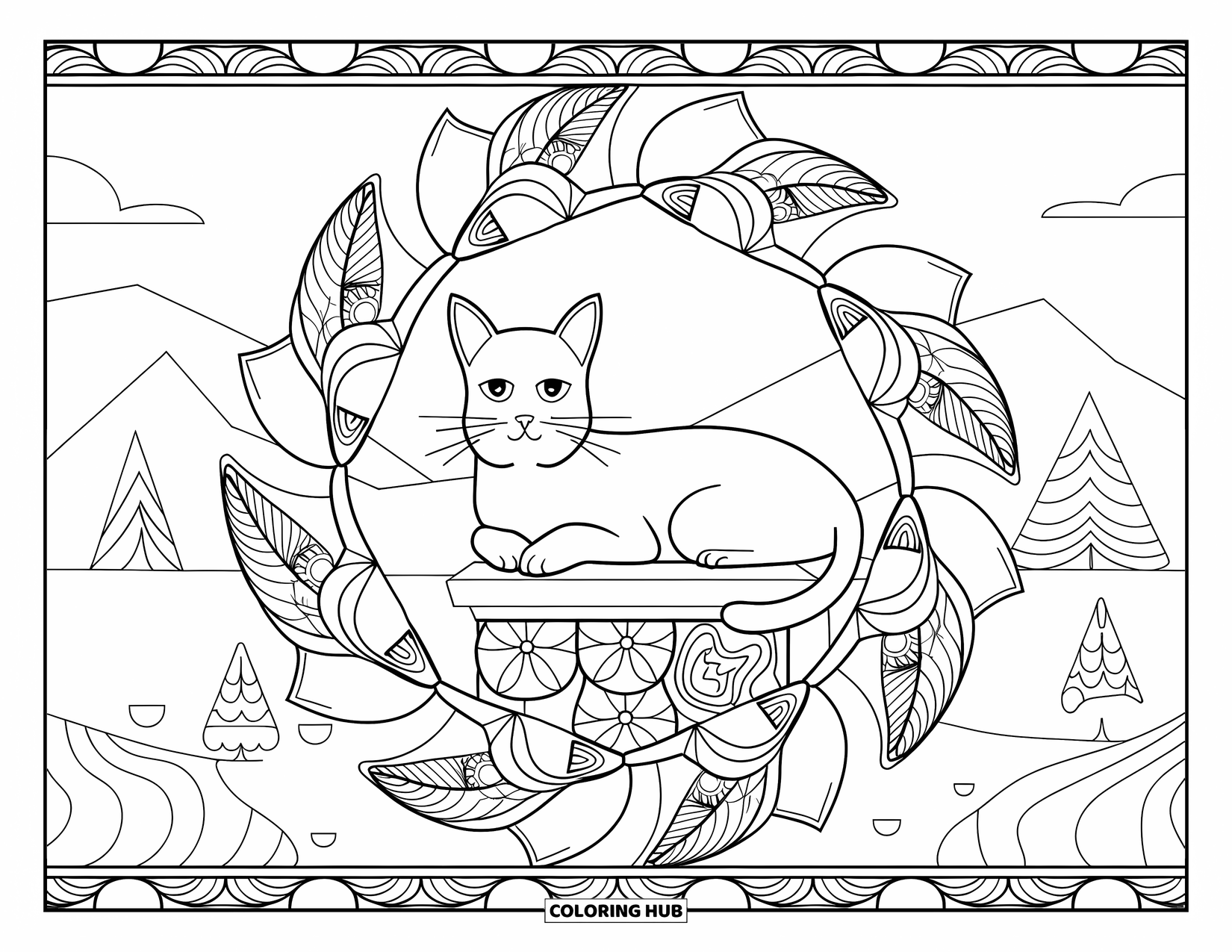 Cat Mandala Coloring Page for Adults: Lounging cat on a stone pillar surrounded by floral mandalas and mountain scenery