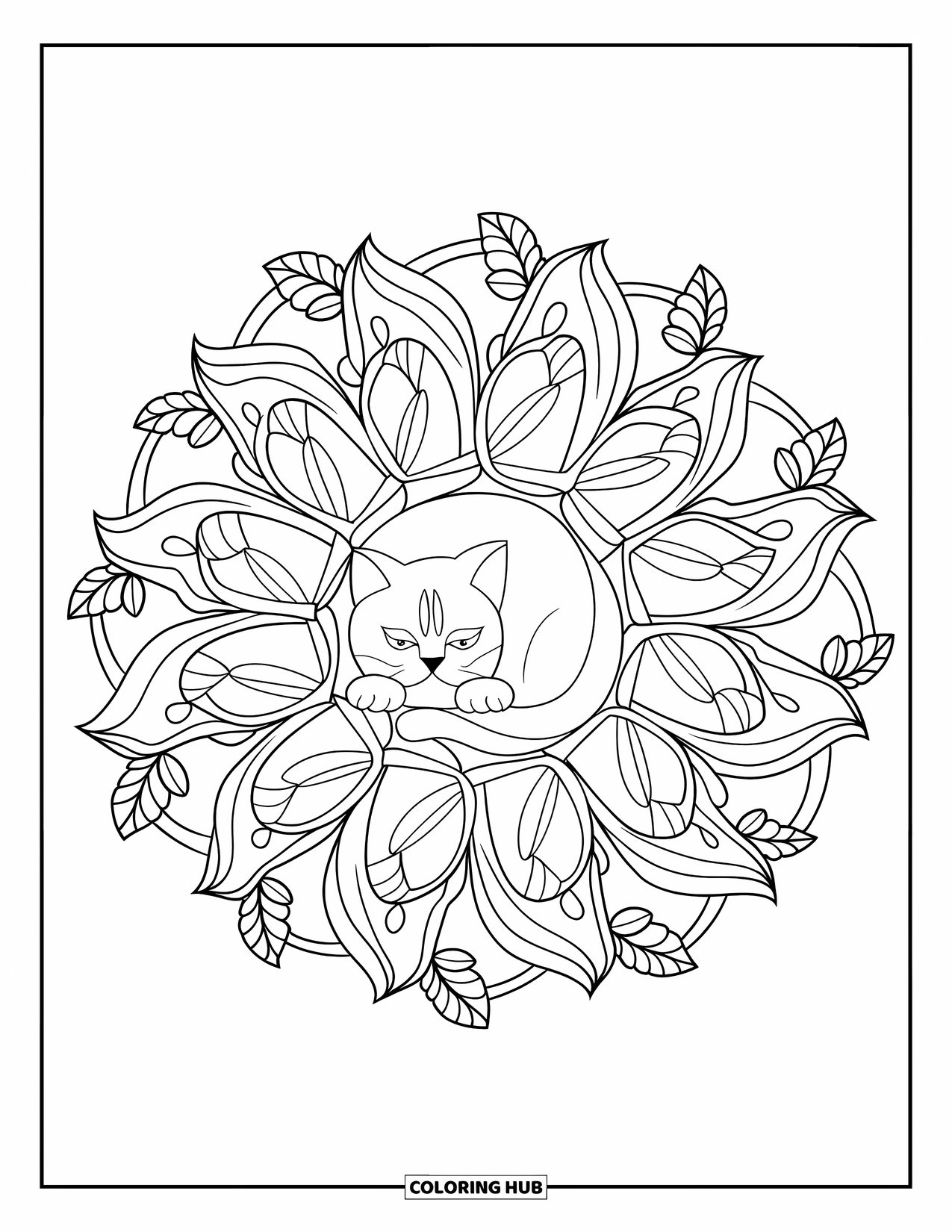 Cat Mandala Coloring Page for Adults: Peaceful cat curled in a mandala of layered leaves and botanical vines