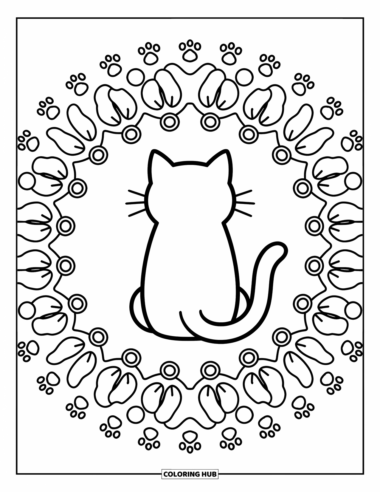 Cat Mandala Coloring Page for Adults: Seated cat seen from behind, surrounded by paw prints and curled tails