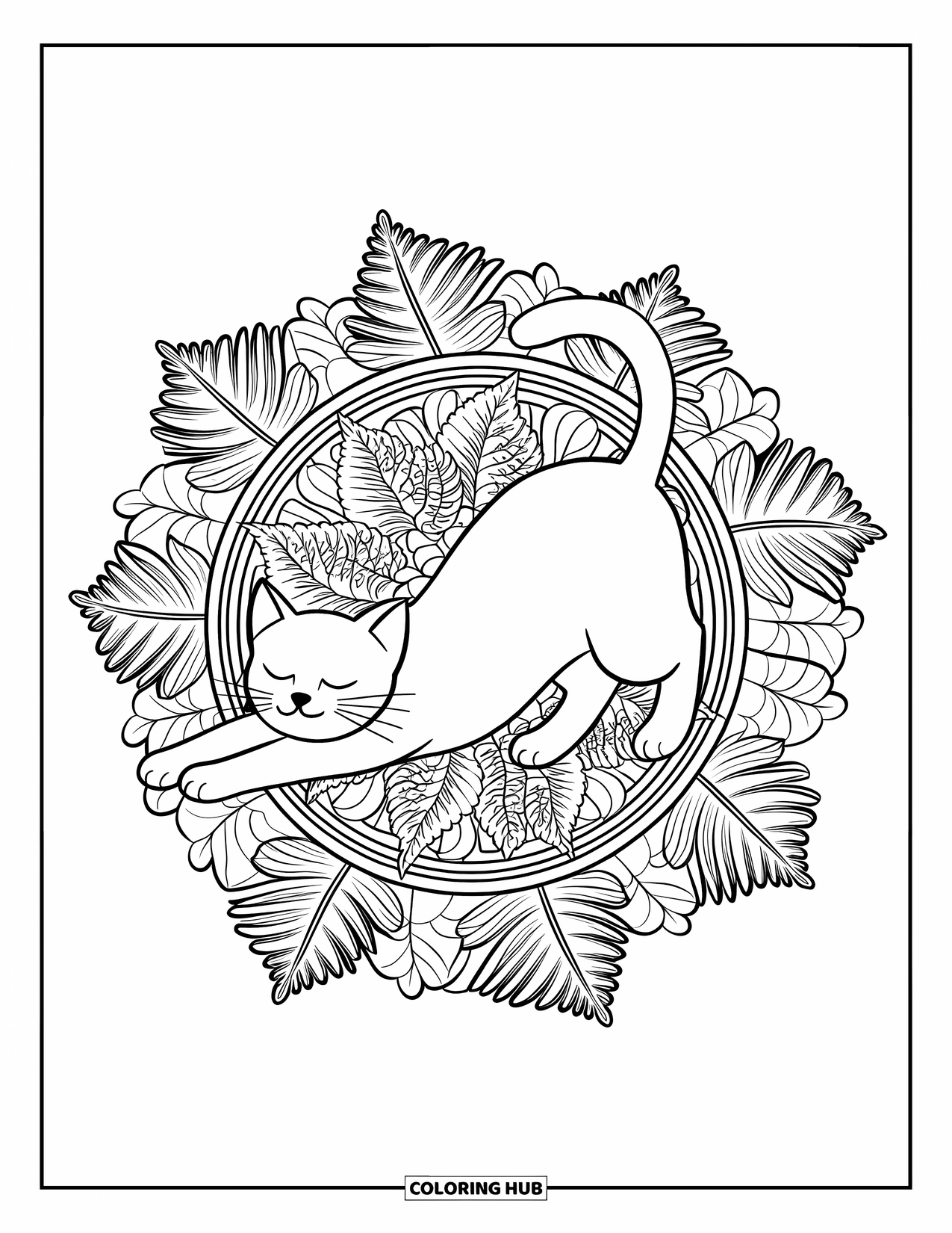 Cat Mandala Coloring Page for Adults: Stretching cat framed by detailed fern and ivy mandala on a white background