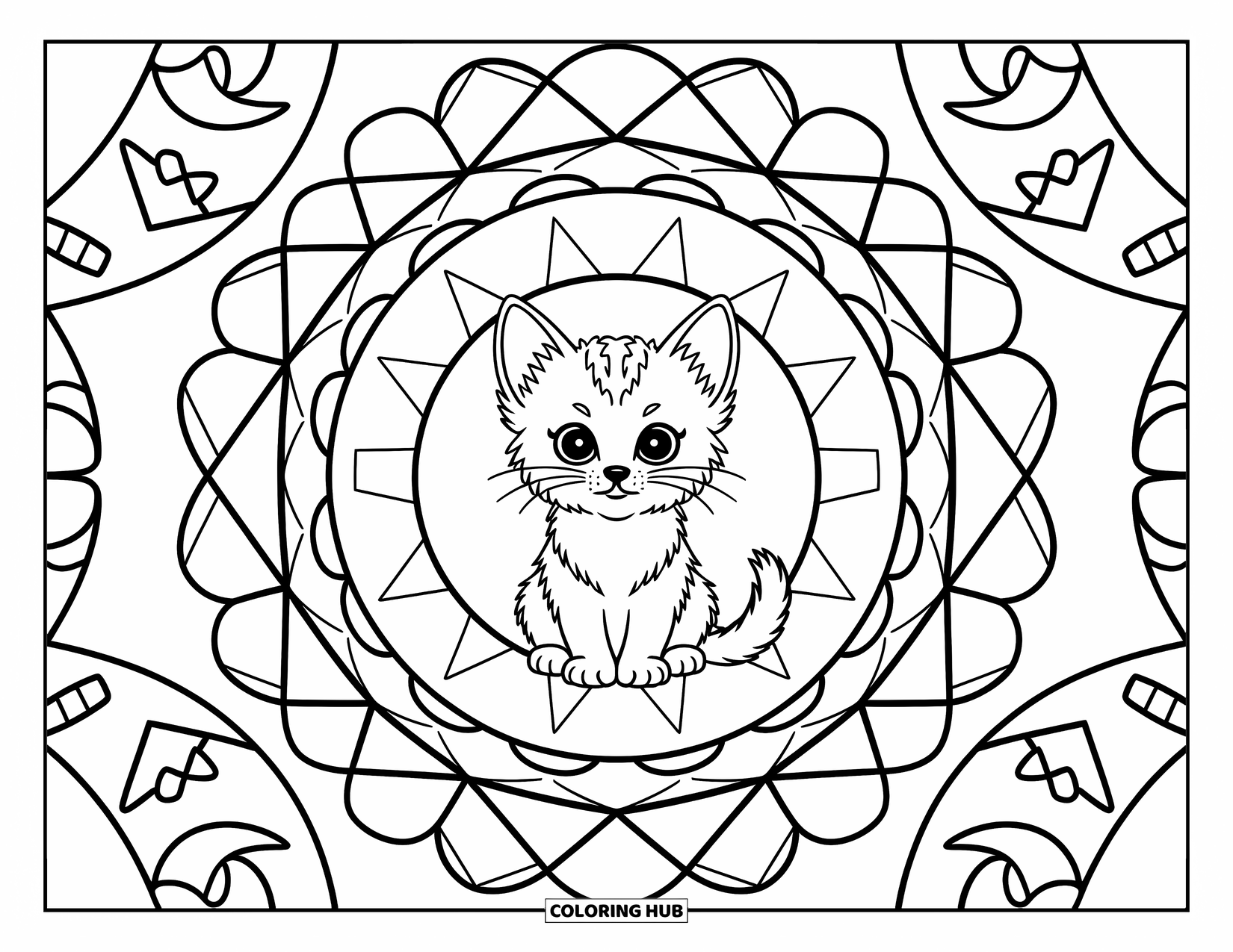 Cat Mandala Coloring Page for Adults: Tiny kitten sits in the center of a mandala filled with stars and cat shapes