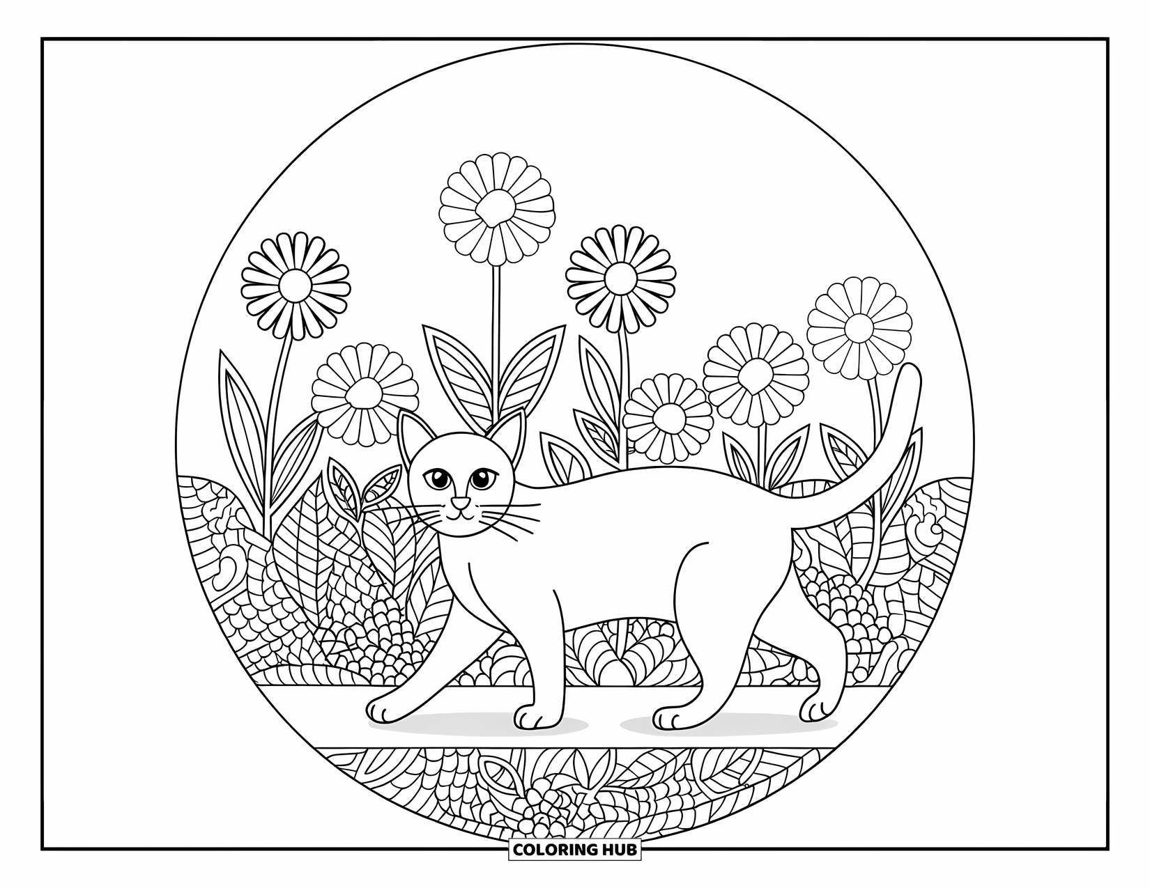 Cat Mandala Coloring Page for Kids: Cat and flowers inside a circular mandala frame