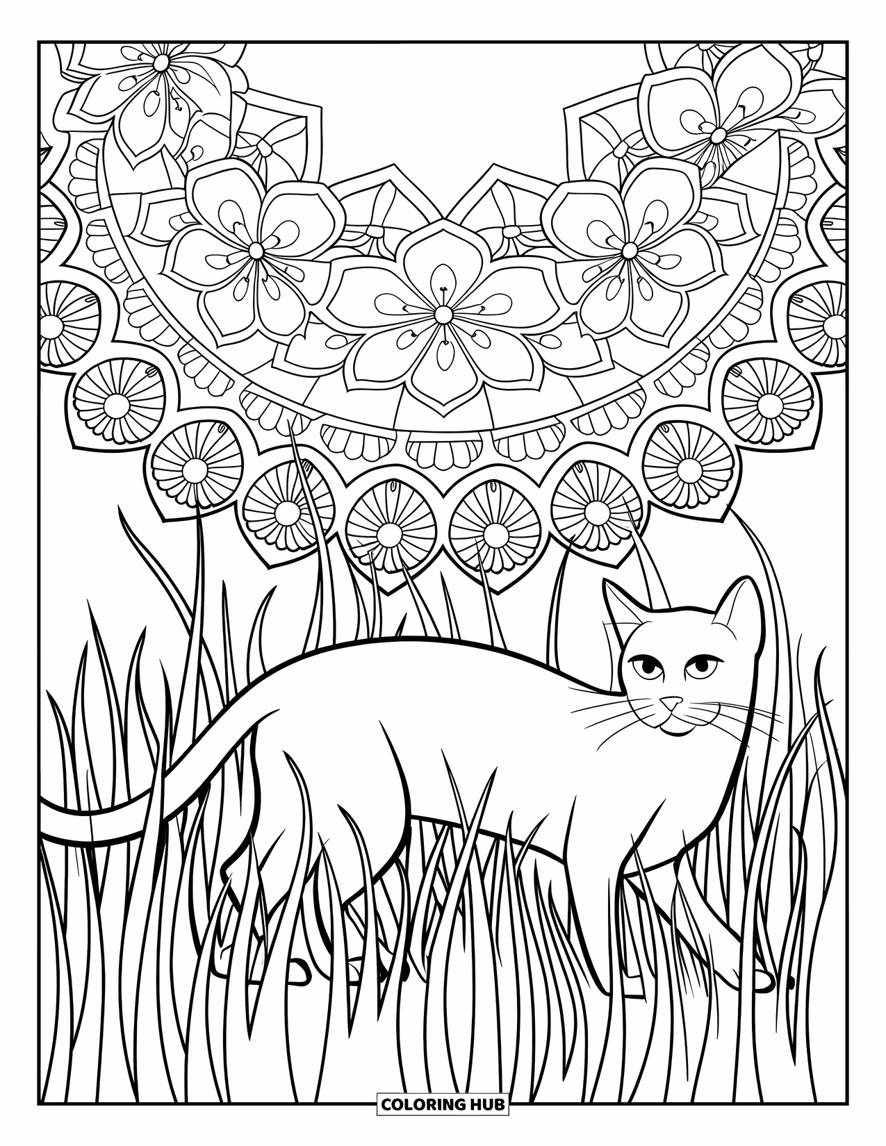 Cat Mandala Coloring Page for Kids: Cat and grass with intricate floral mandalas