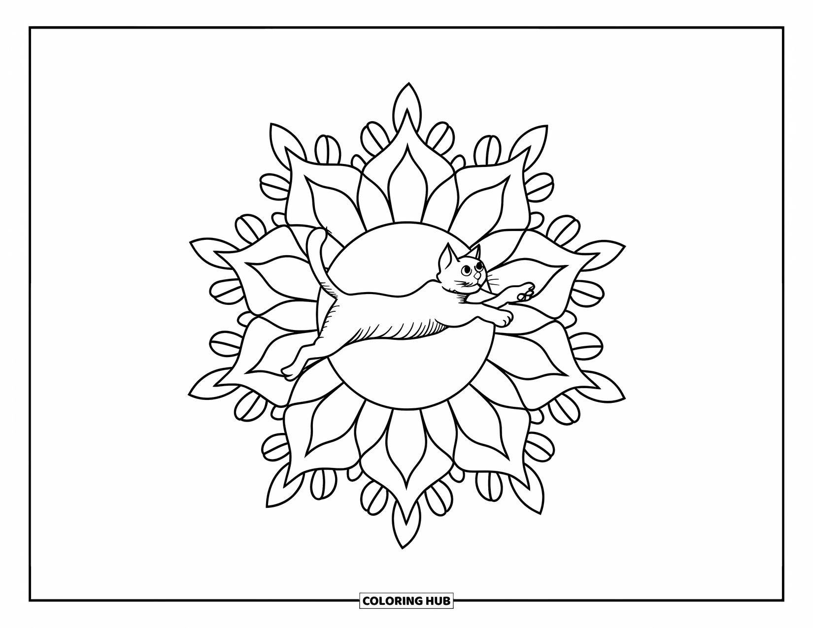 Cat Mandala Coloring Page for Kids: Cat in motion inside a layered star mandala