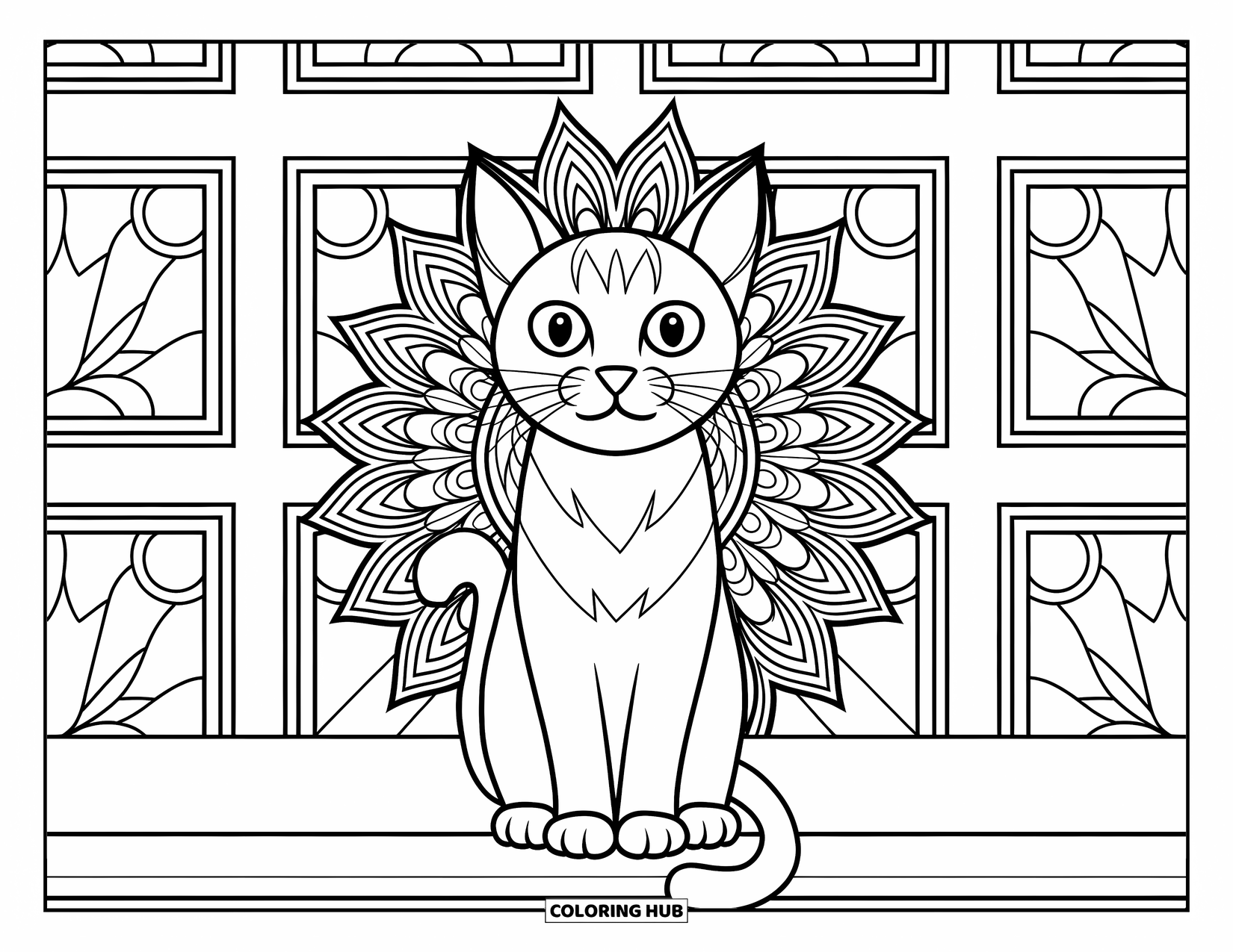 Cat Mandala Coloring Page for Kids: Cat on windowsill framed by patterned mandala sunbursts