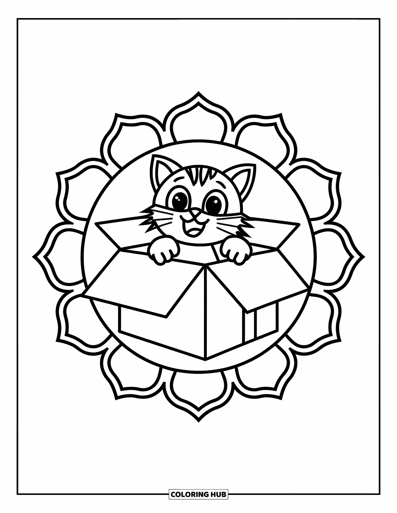 Cat Mandala Coloring Page for Kids: Cat peeking from box in bold sun mandala frame