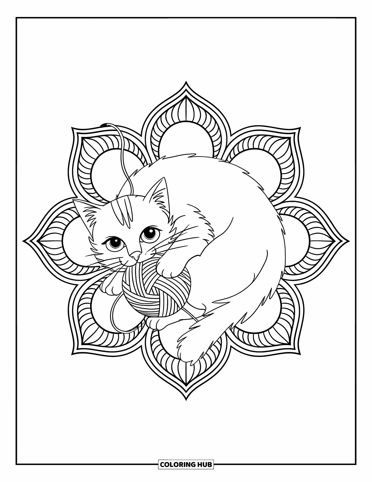 Cat Mandala Coloring Page for Kids: Cat playing with yarn inside a flower mandala