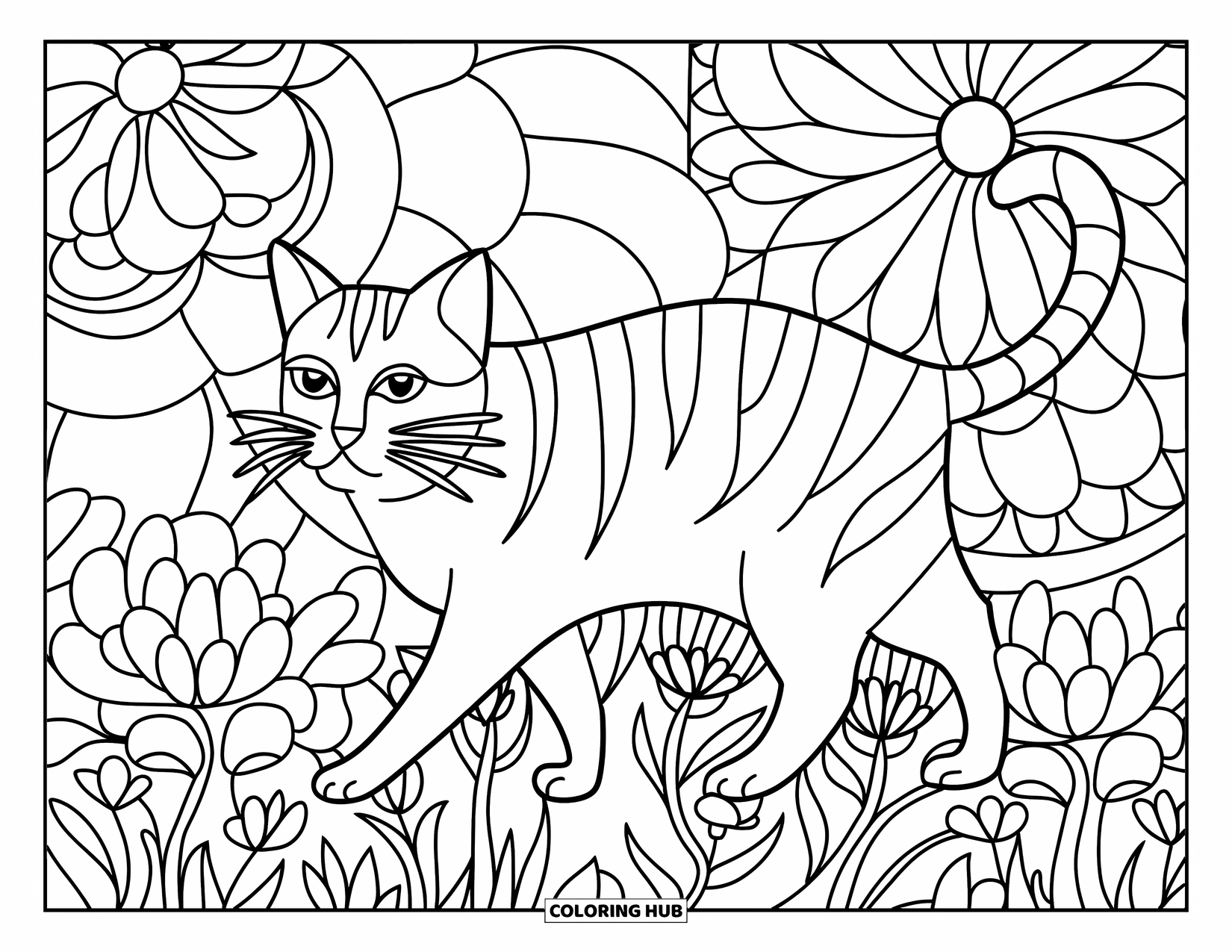 Cat Mandala Coloring Page for Kids: Cat walking through flower beds with mandala patterns